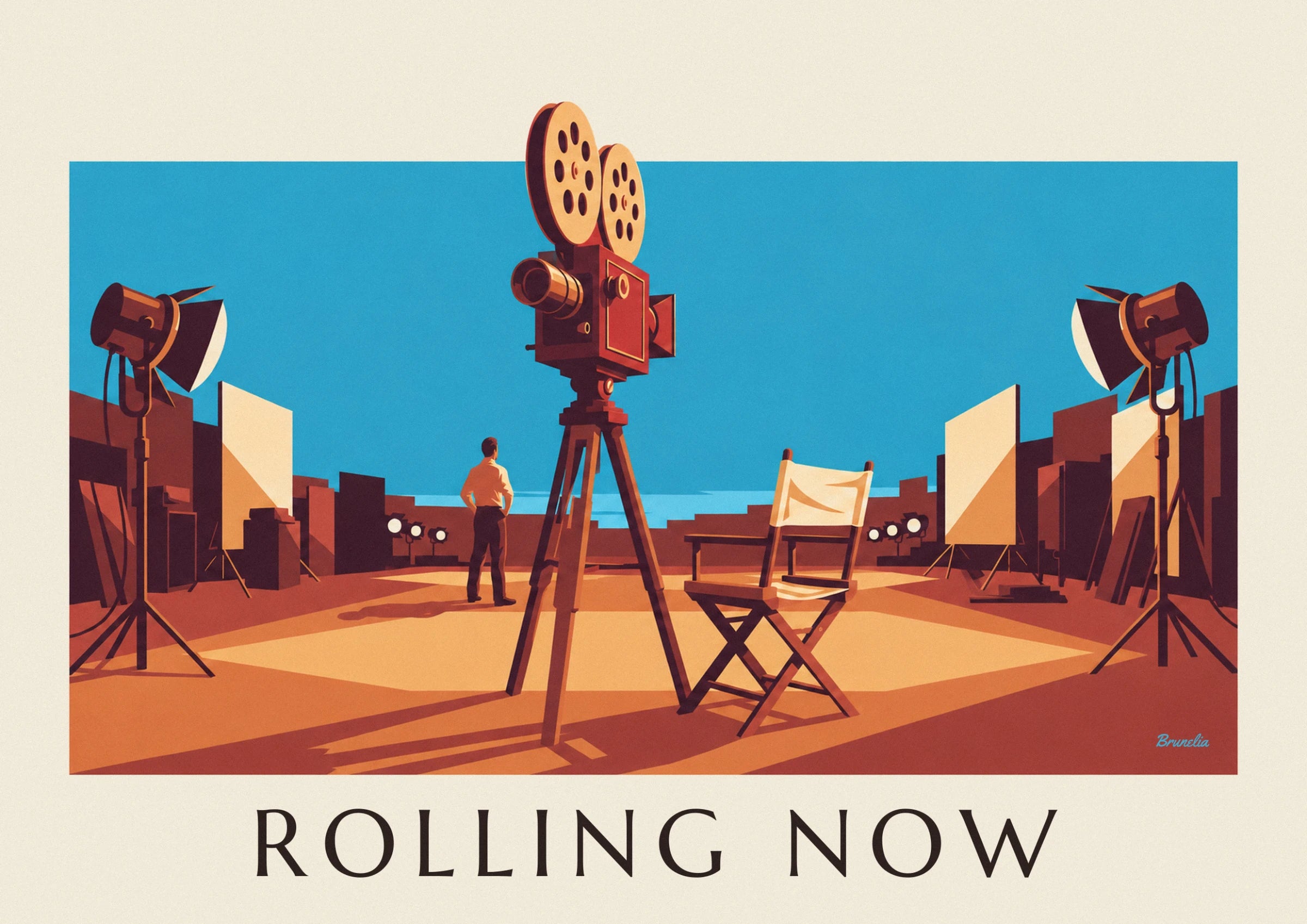 Die Kamera mit 2 Filmspulen auf ihrem Holzstativ, ein Mann von hinten und ein Regiestuhl