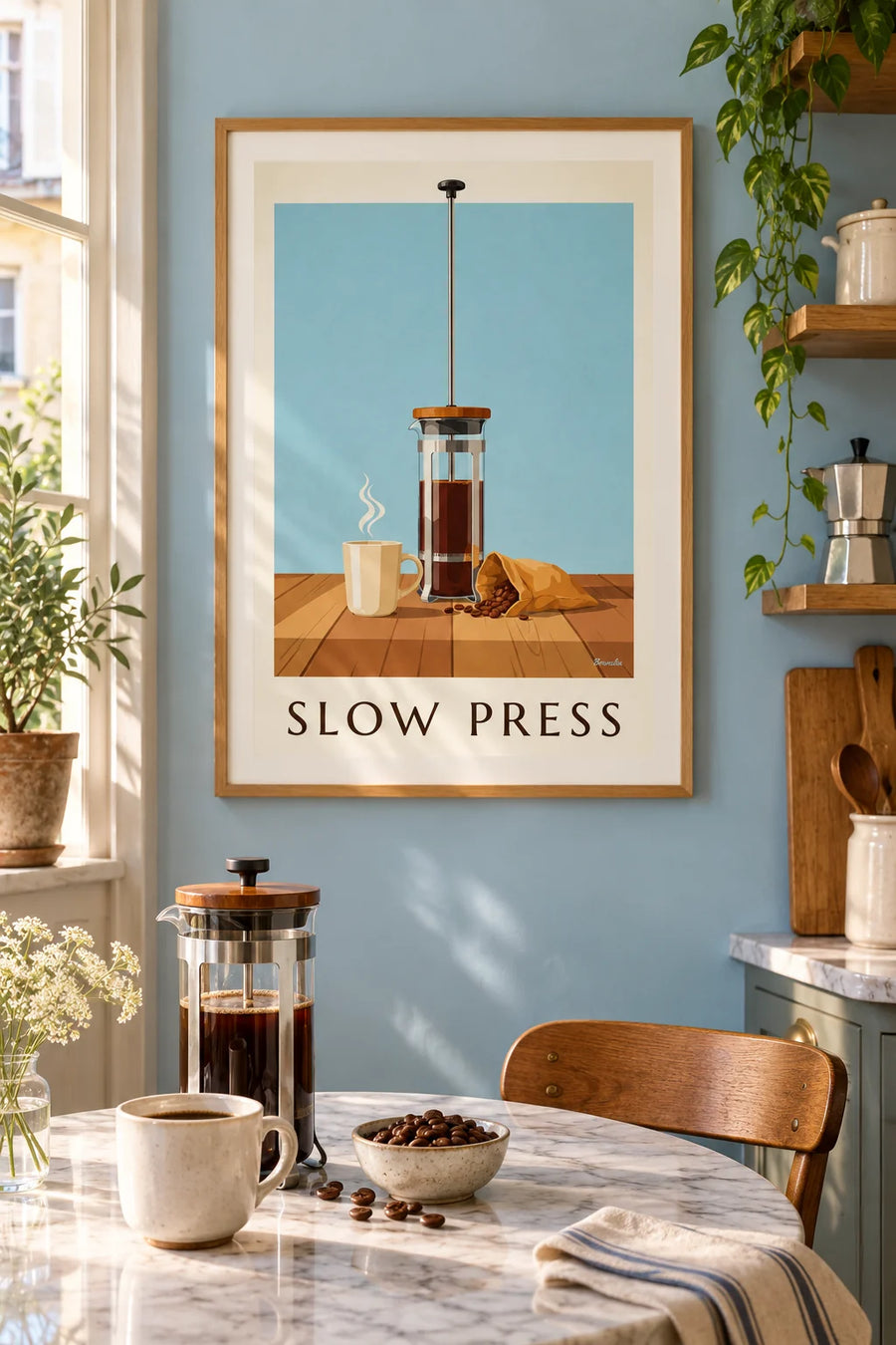 Poster French Press auf einem rustikalen Holztisch: gerahmt an der Wand