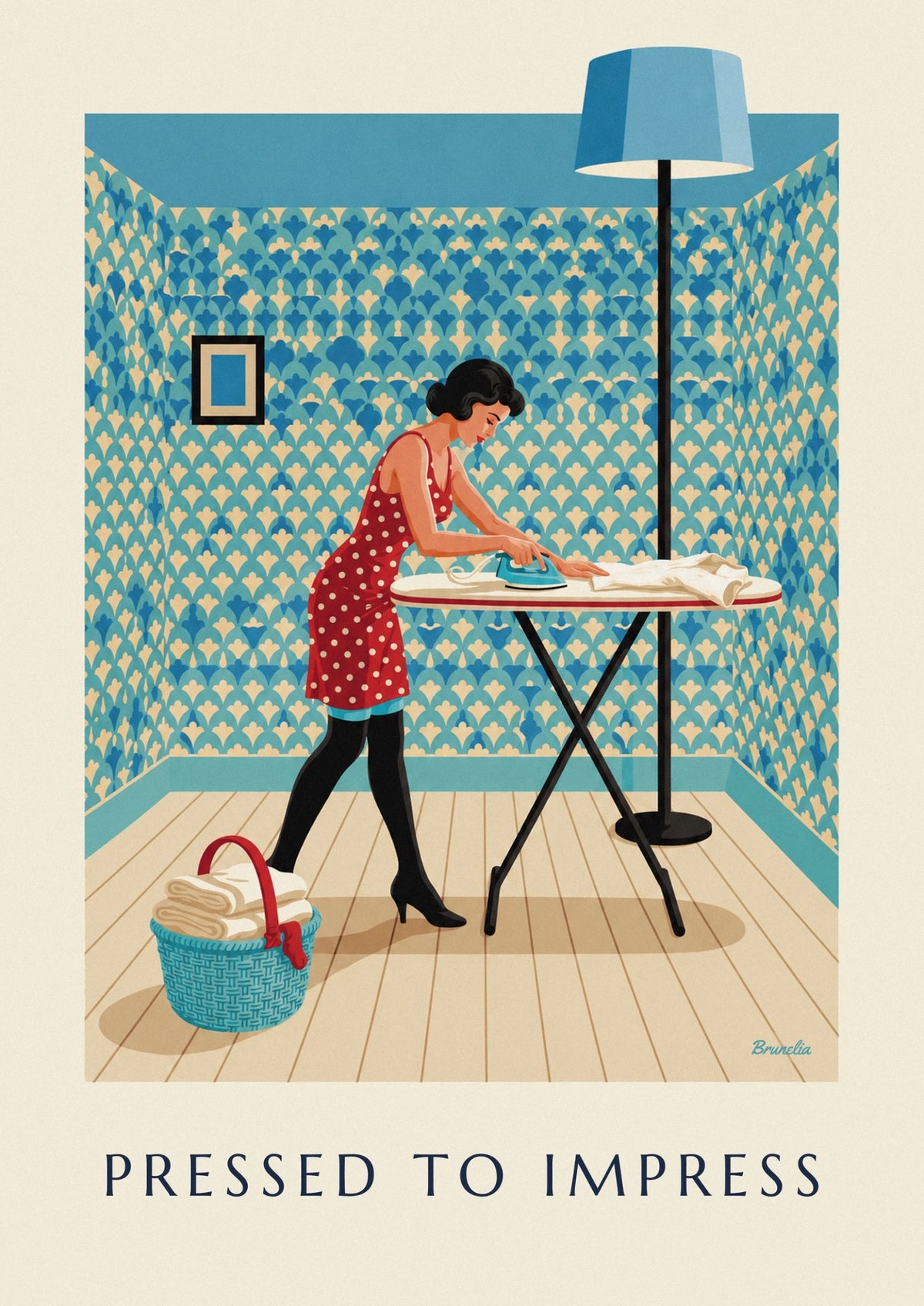 Affiche pin-up repassant une chemise sur sa planche à repasser