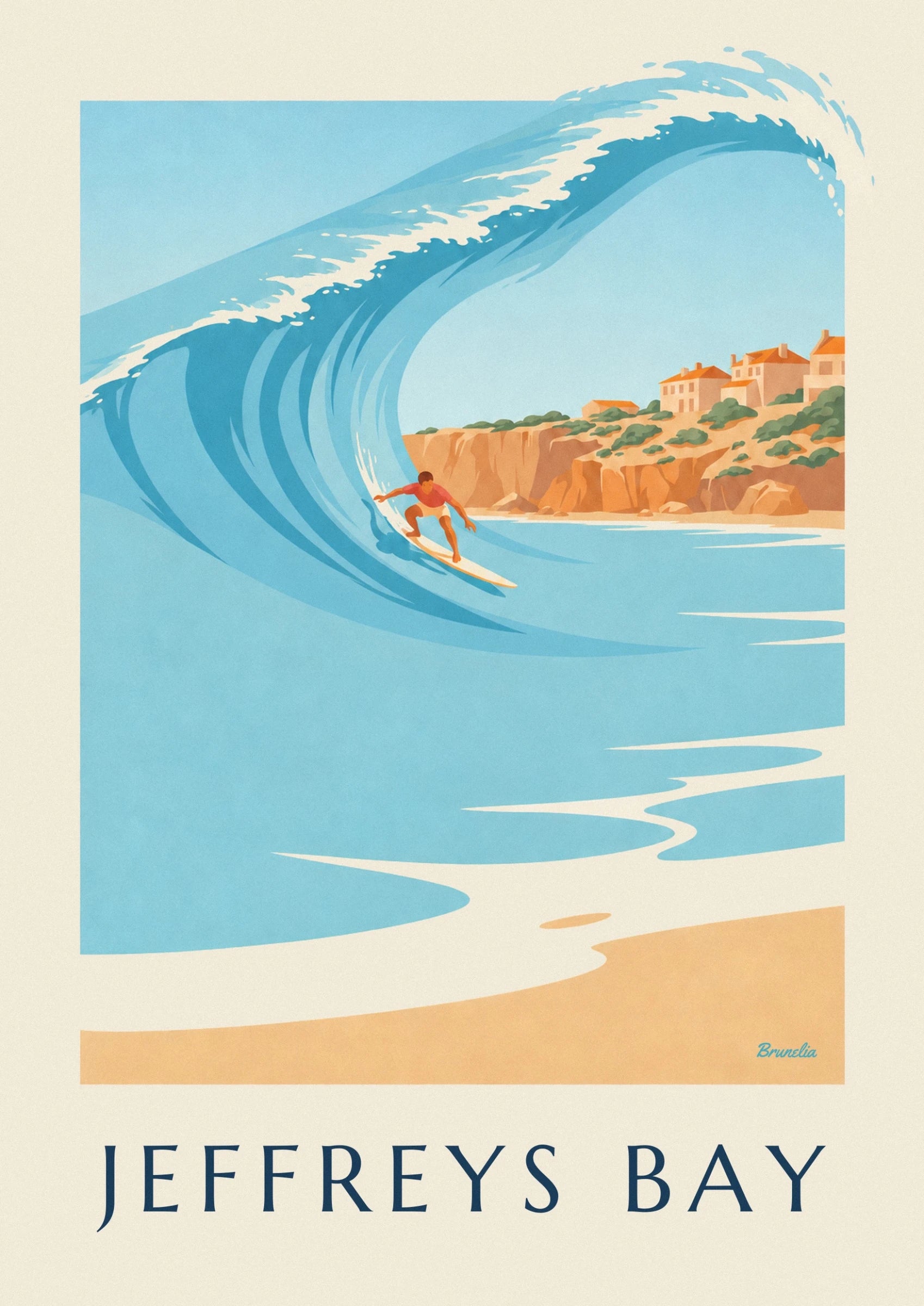 Le surfeur en tee-shirt rouge sur sa planche claire, au creux de la vague turquoise