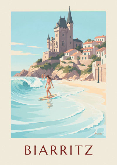 Affiche longboardeuse à la Côte des Basques de Biarritz : l'affiche entière