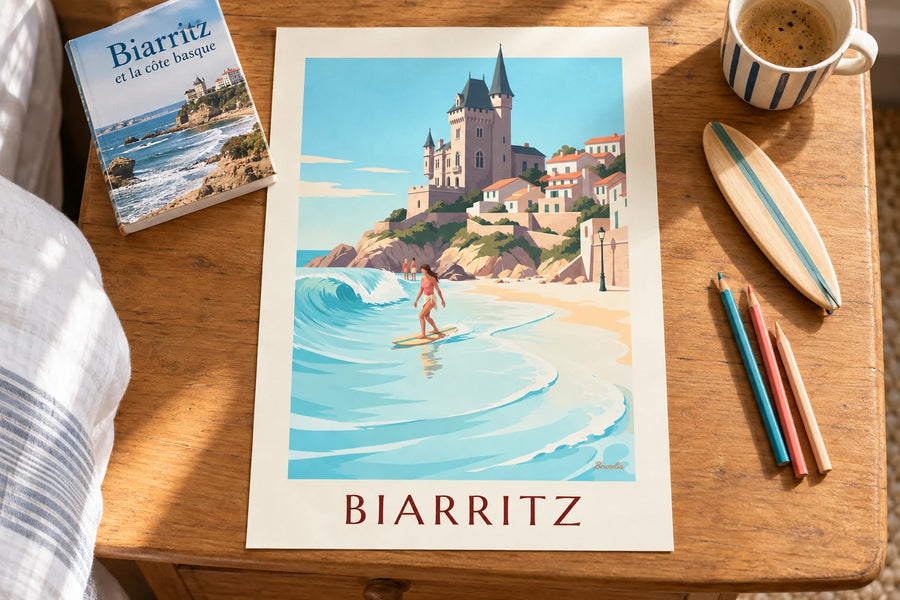 Poster Longboarderin an der Côte des Basques in Biarritz: auf einem Tisch abgestellt