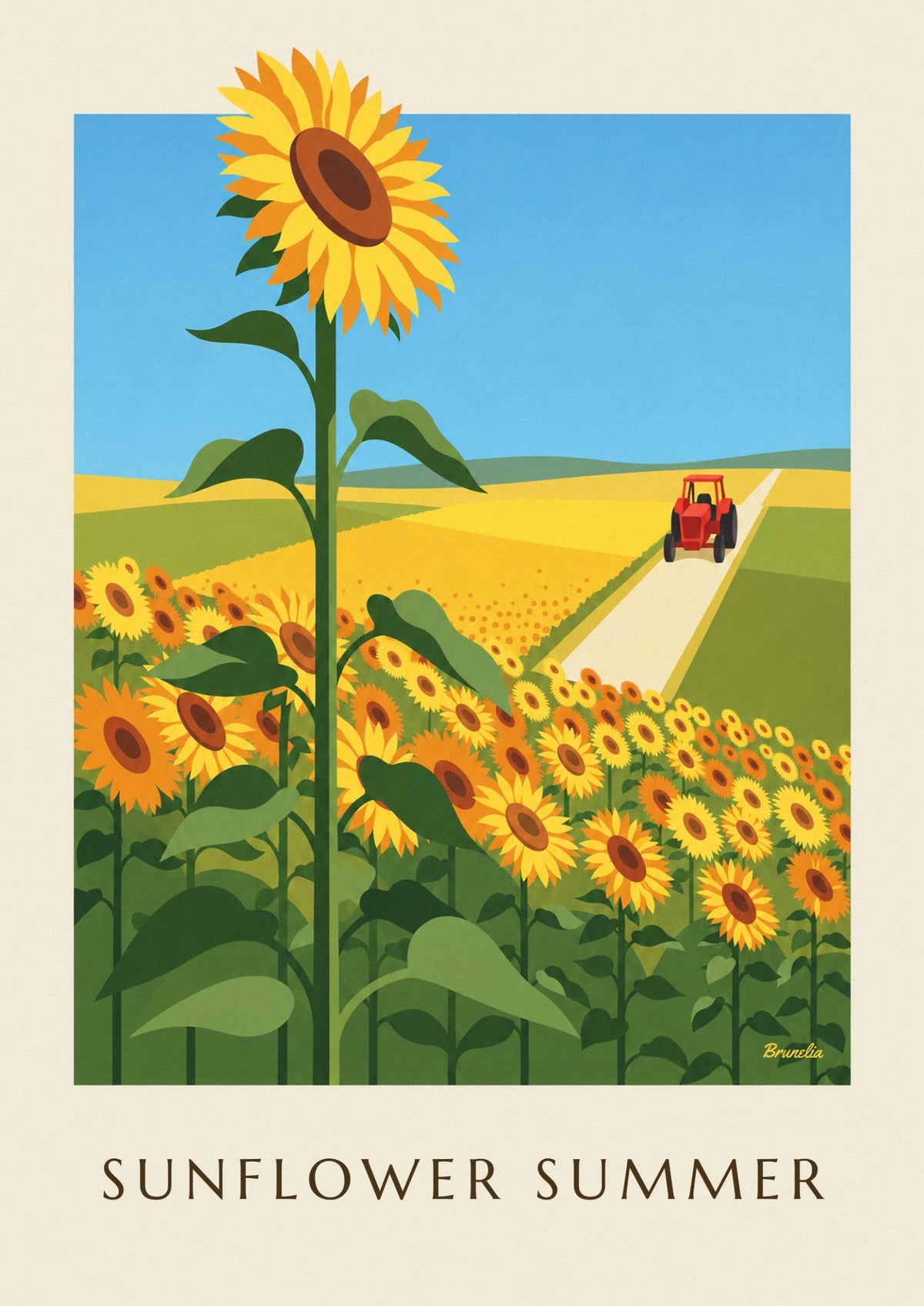 Sunflower fields and little red tractor in summer poster