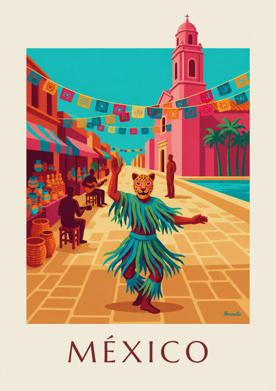 Poster mit Tänzer mit Jaguarmaske auf einem Platz in Mexiko: das ganze Poster