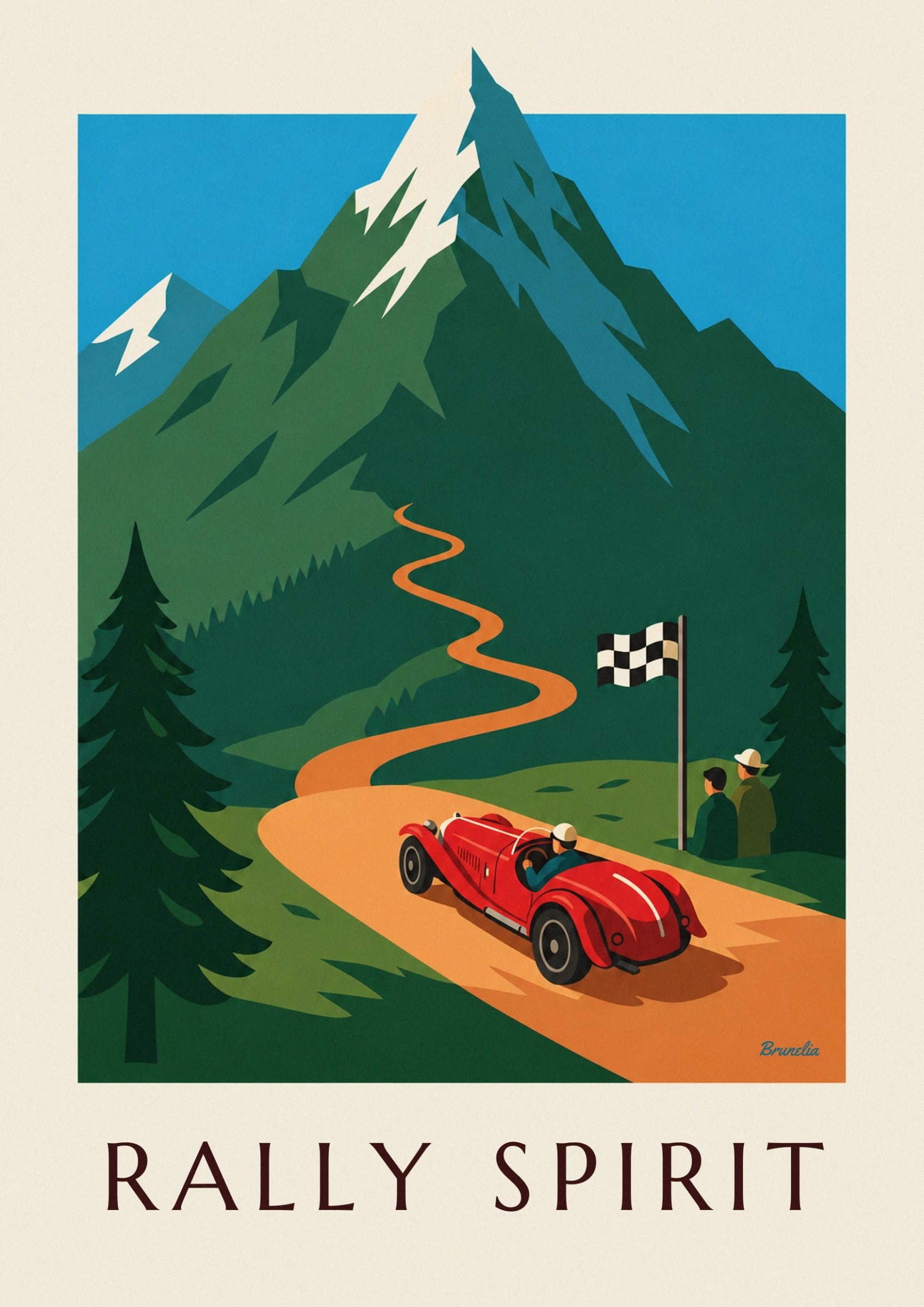 Der rote Roadster und sein Fahrer mit Helm rasen über die orangefarbene Schotterpiste
