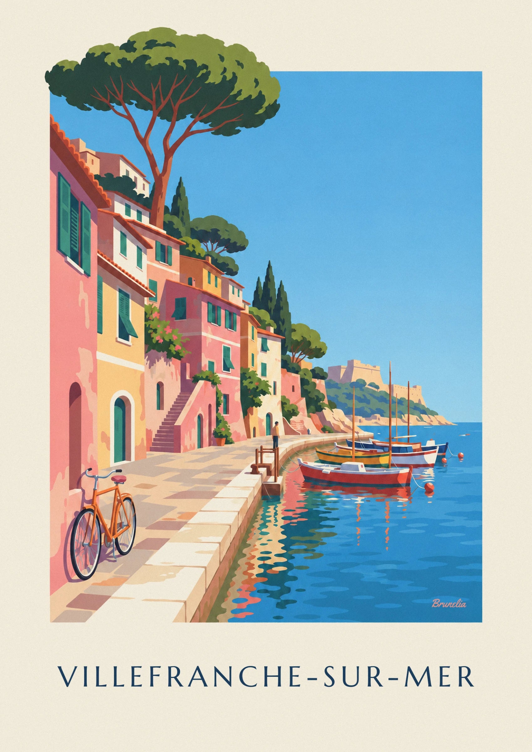 The orange bicycle leaning against a pink wall on the sunlit paved quay