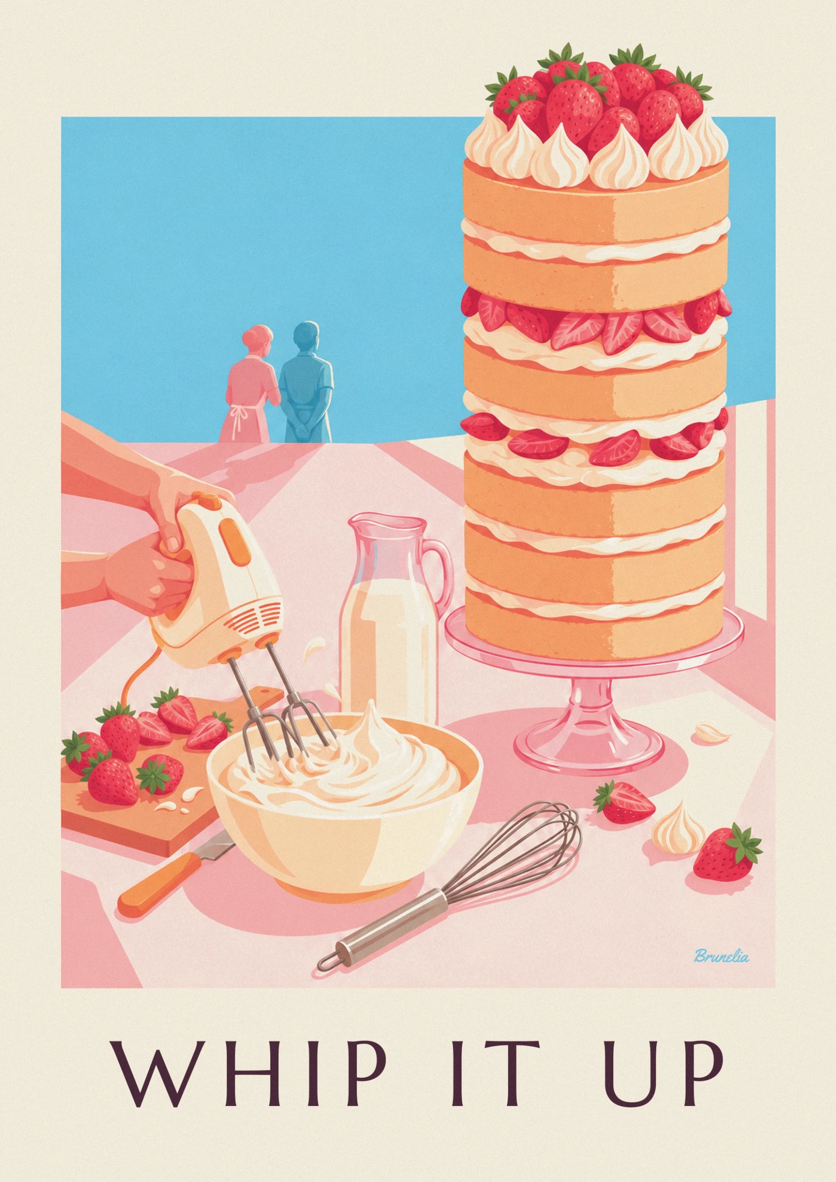 Der Kuchen mit 4 Etagen, frischen Erdbeeren und Sahnetupfen