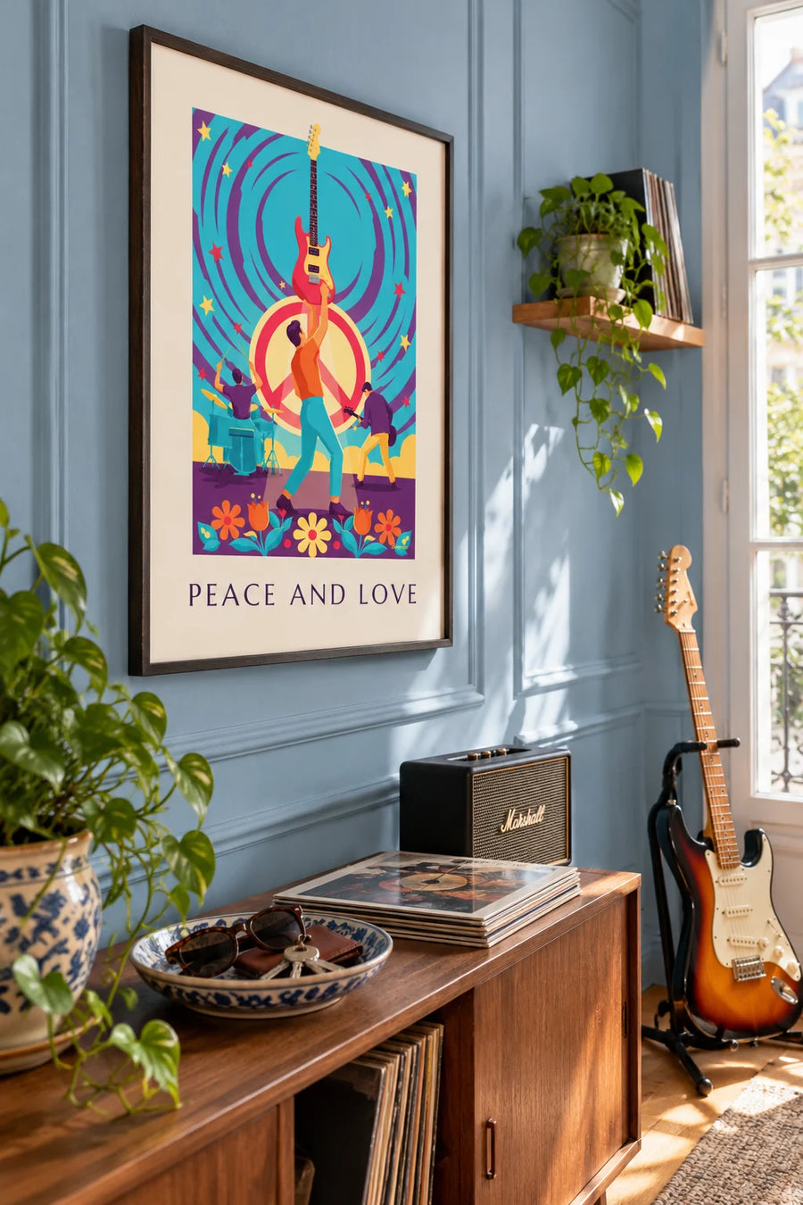 Poster of a rock band with Peace and Love under colorful stars: framed on the wall