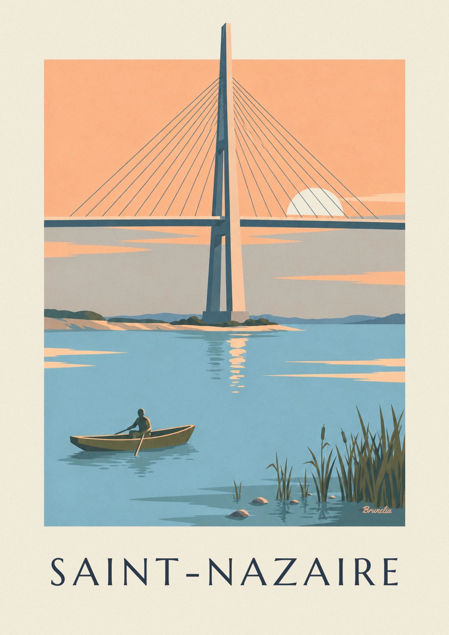 The tower of the Saint-Nazaire bridge and its cables against an orange sky