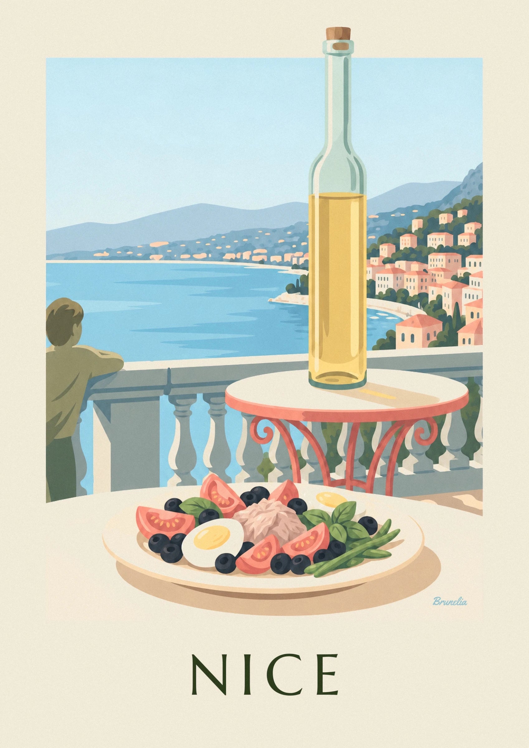 Salade Niçoise mit Tomaten, Ei und schwarzen Oliven auf einem cremefarbenen Teller