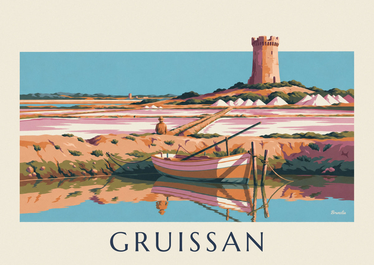 Affiche bateau et poteau d'amarrage au salin de Gruissan