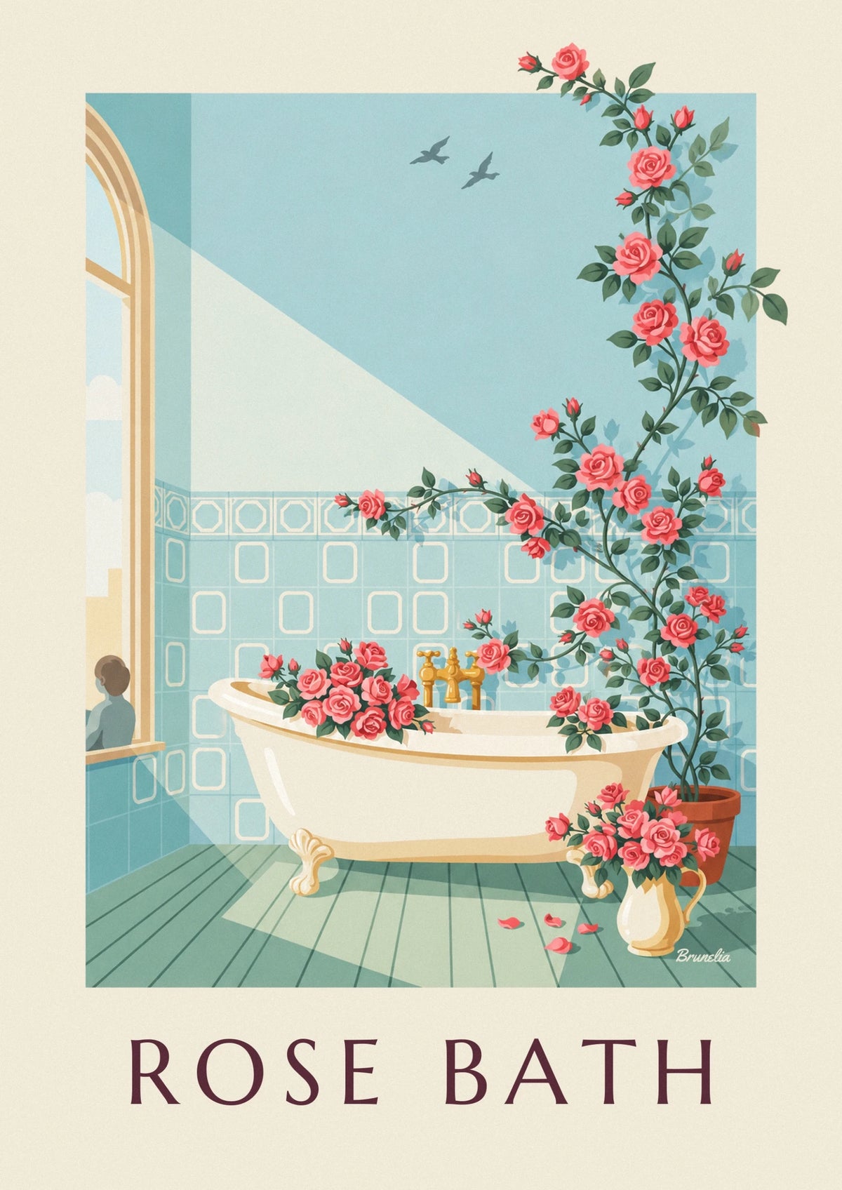 Affiche baignoire sur pieds et bouquets de roses