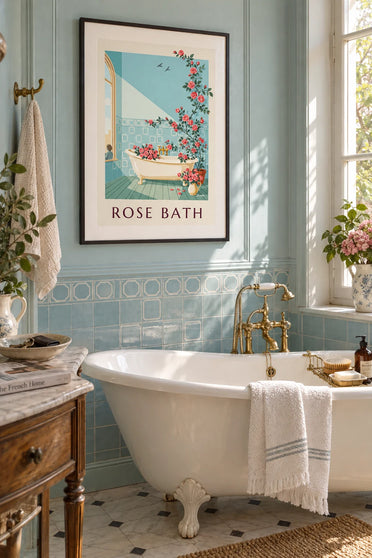 Poster of a clawfoot bathtub and bouquets of roses: framed on the wall