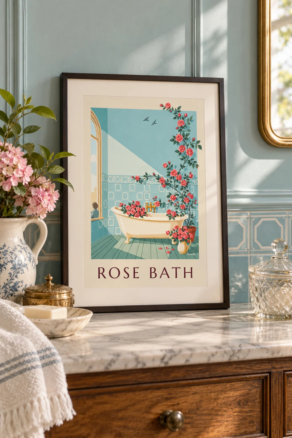 Bathroom: Clawfoot bathtub and rose bouquets poster on the wall