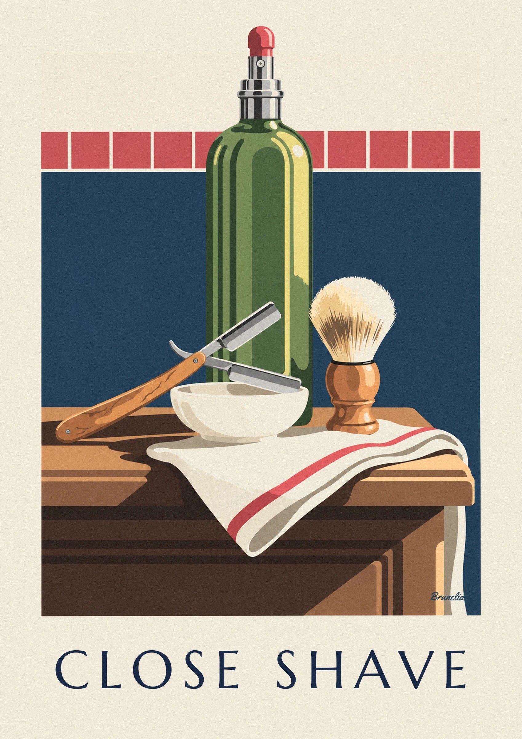 The straight razor with a wooden handle resting on a white bowl in front of the green bottle