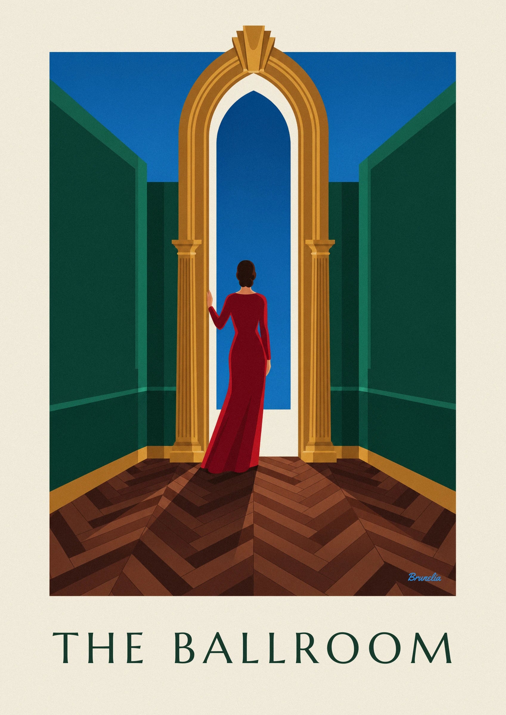The woman seen from behind in a long red dress, with her hand resting on a golden column