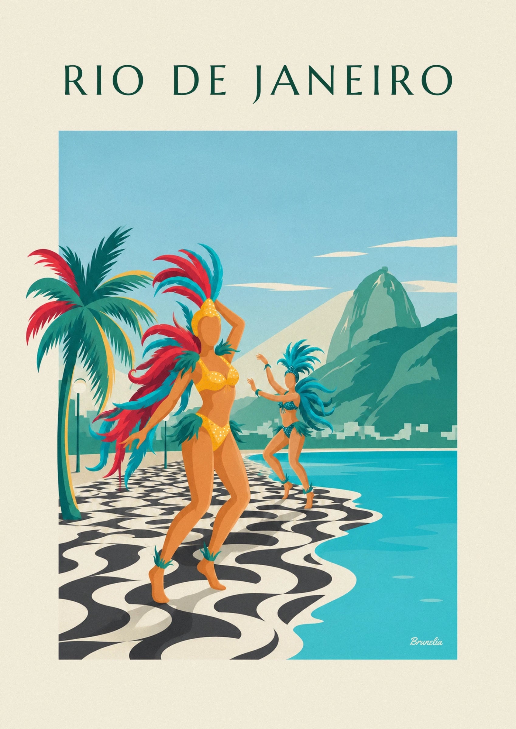Affiche danseuses de samba sur la promenade de Copacabana à Rio : détail en gros plan