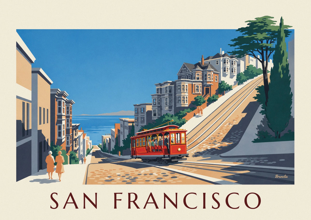 Cable car climbing a San Francisco street poster