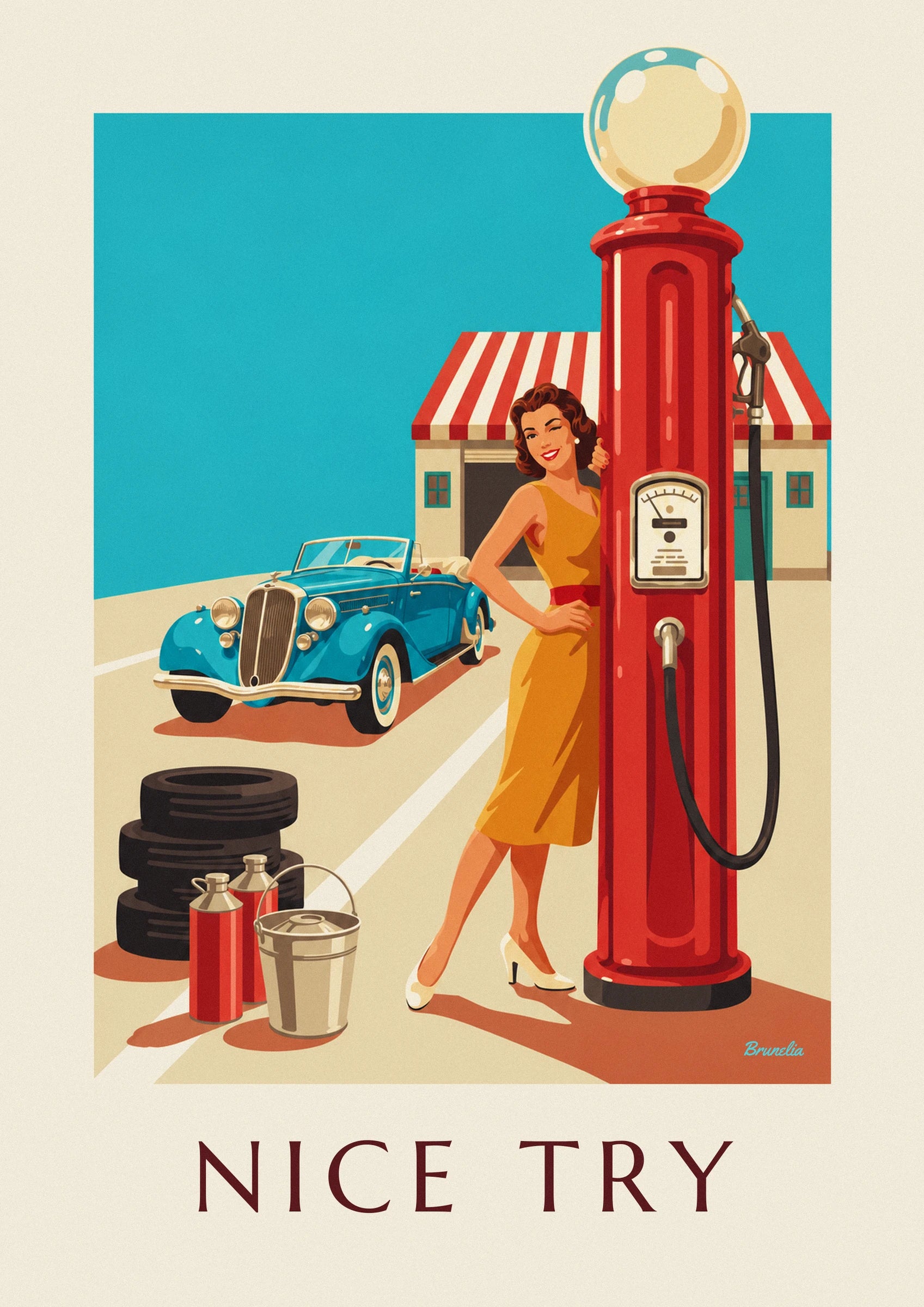 Die zwinkernde Pin-up im gelben Kleid neben der roten Zapfsäule und dem blauen Cabrio