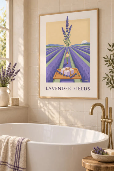 Poster handgemachte Lavendelseife und Lavendelfeld: gerahmt an der Wand