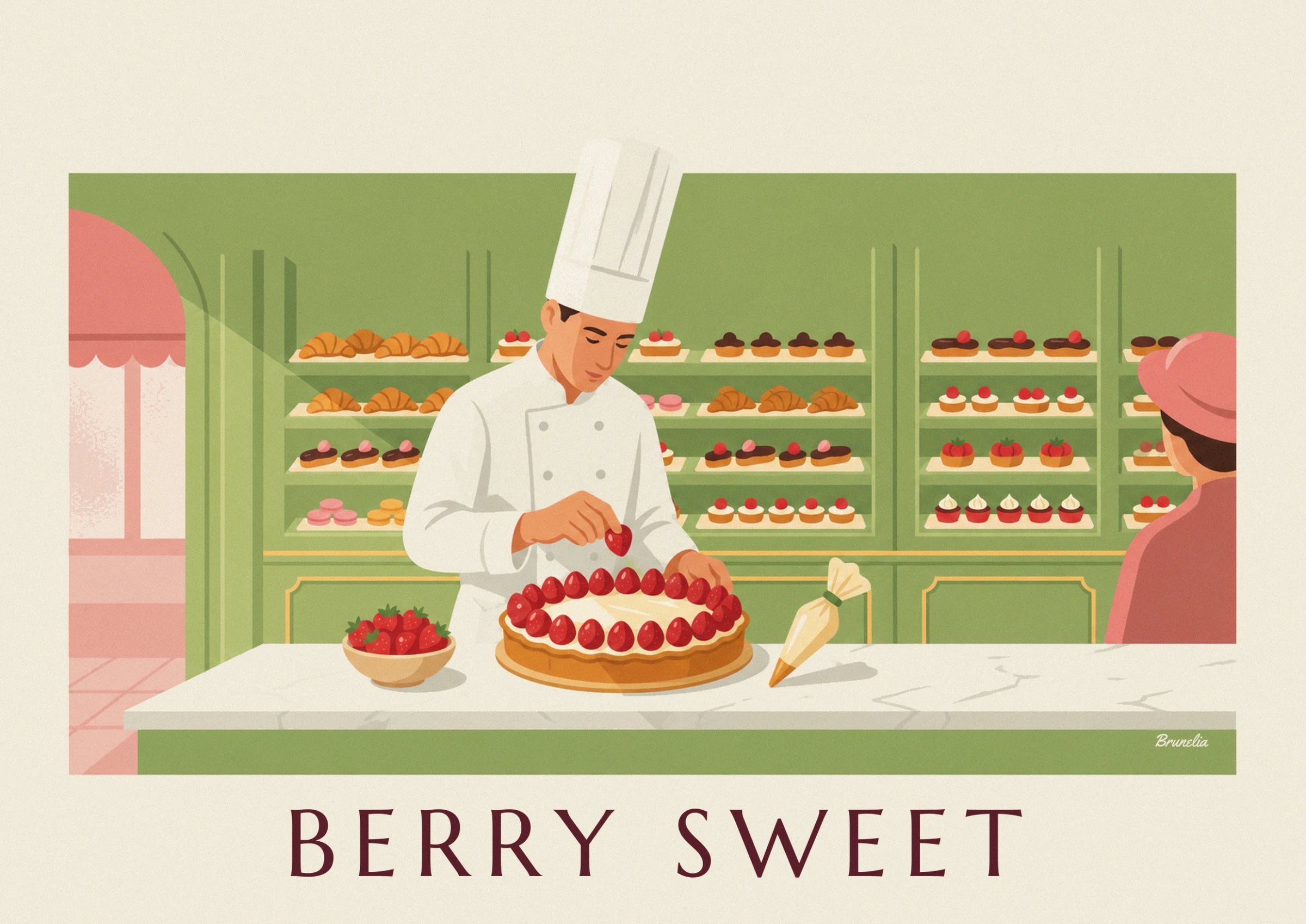 Le pâtissier en toque posant une fraise sur sa grande tarte à la crème