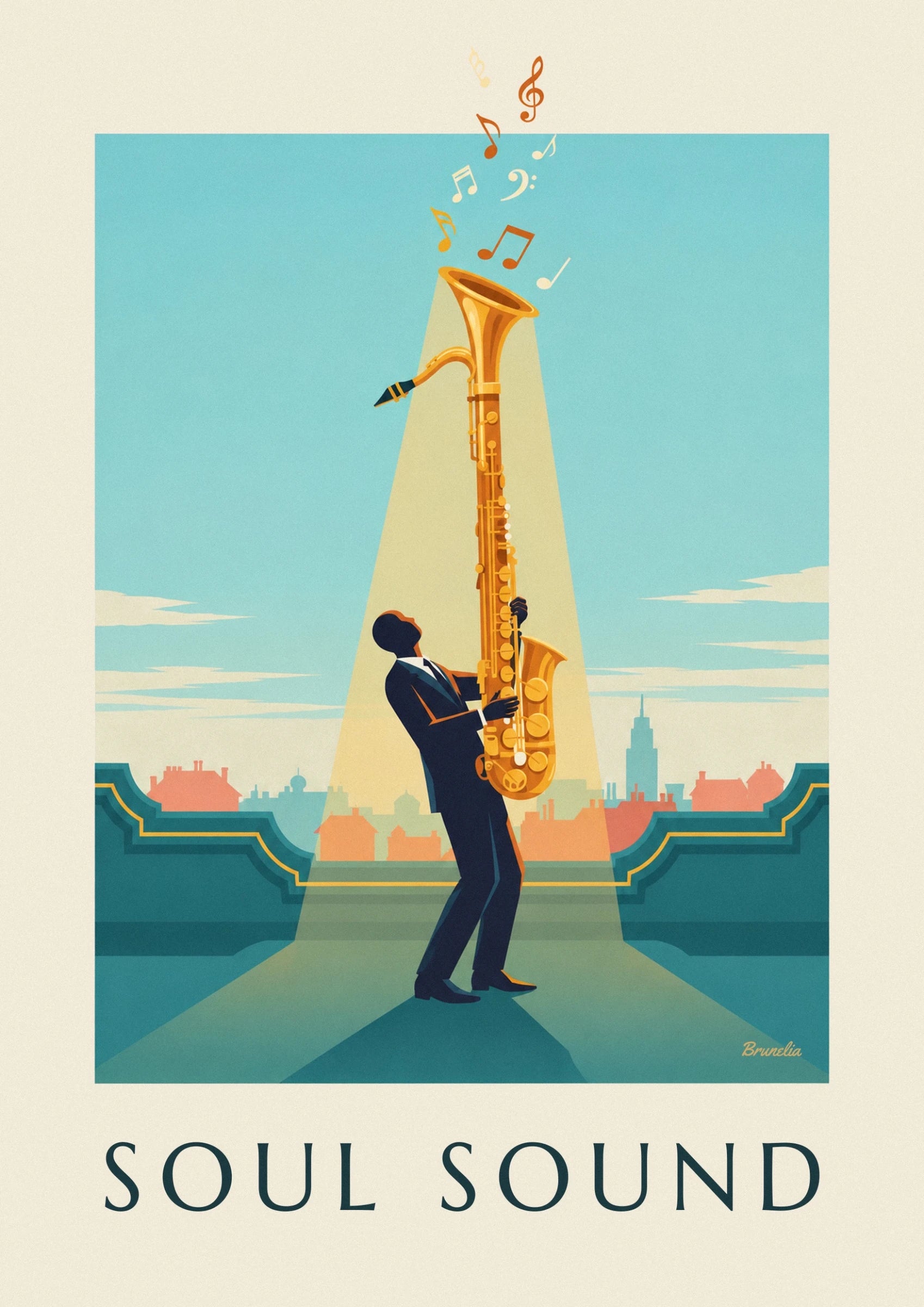 The saxophonist in a dark suit and his golden instrument under the yellow light
