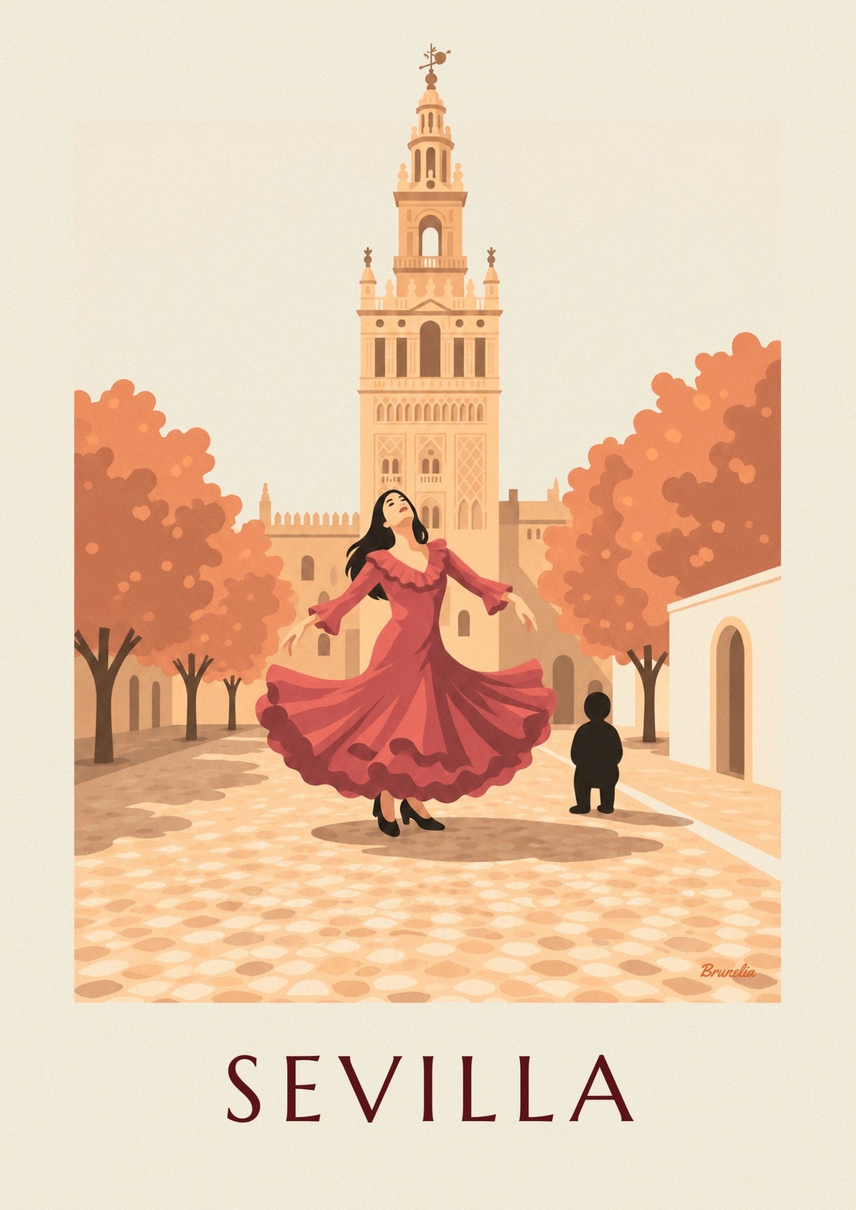 La danseuse aux cheveux noirs et sa robe rouge à volants déployée devant les façades ocre