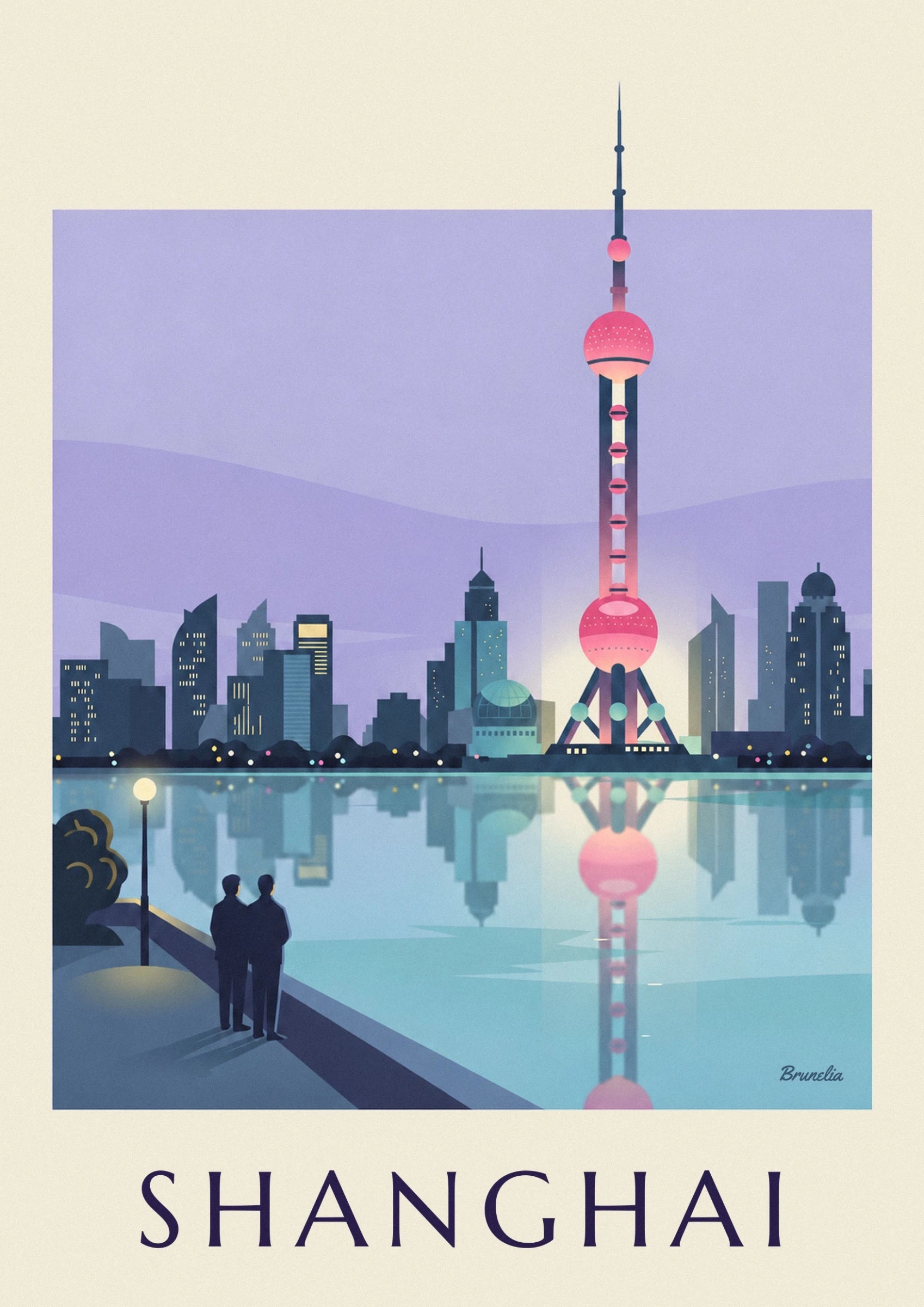 Der Oriental Pearl Tower mit seinen rosa Kugeln vor mauvefarbenem Hintergrund