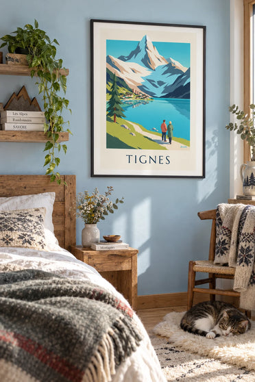 Poster of Lake Tignes and the snowy peaks of the Grande Motte: framed on the wall