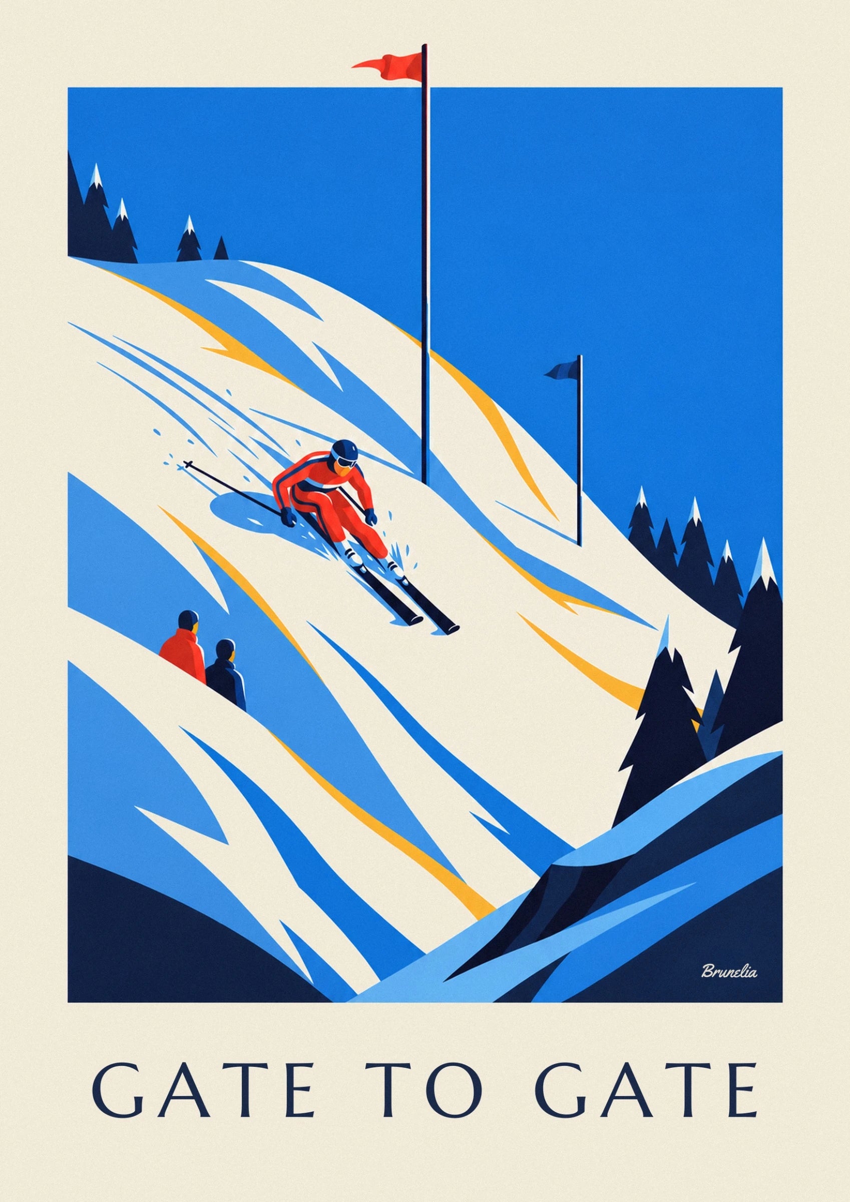 Der Skifahrer im roten Skianzug und blauen Helm, mit parallelen Skiern im Schnee