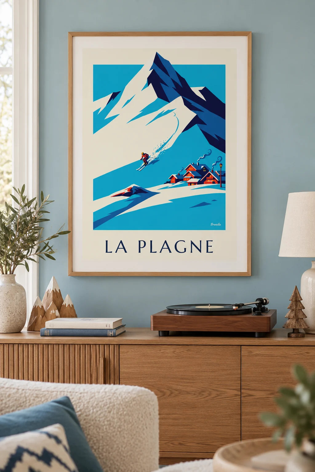 Skier descending La Plagne facing Bellecôte poster on the wall