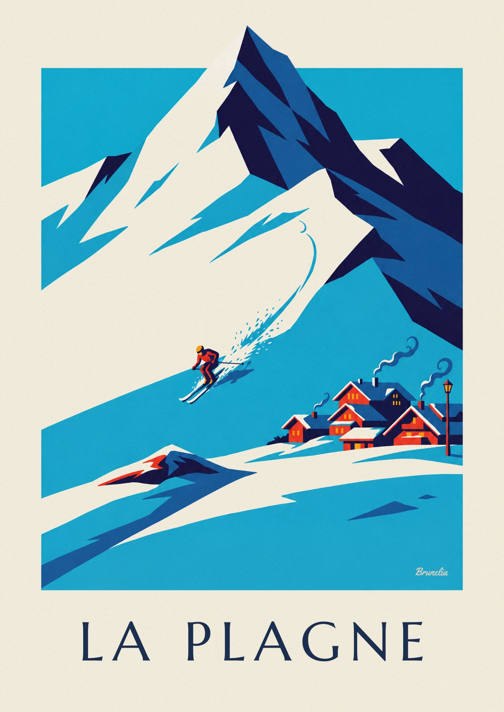 The skier in an orange suit and yellow helmet throwing up a spray of snow on the slope