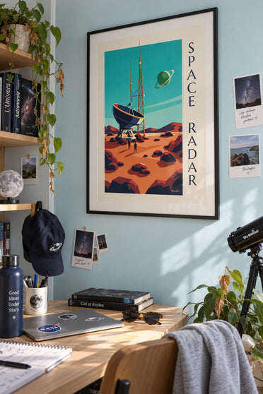 Space radar station on a rocky planet poster: framed on the wall