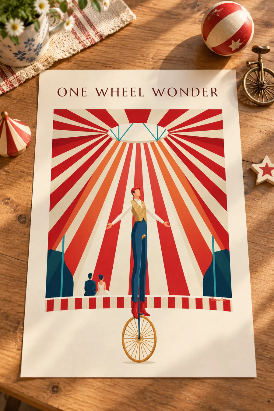 Affiche acrobate sur monocycle sous le chapiteau du cirque : posée sur une table