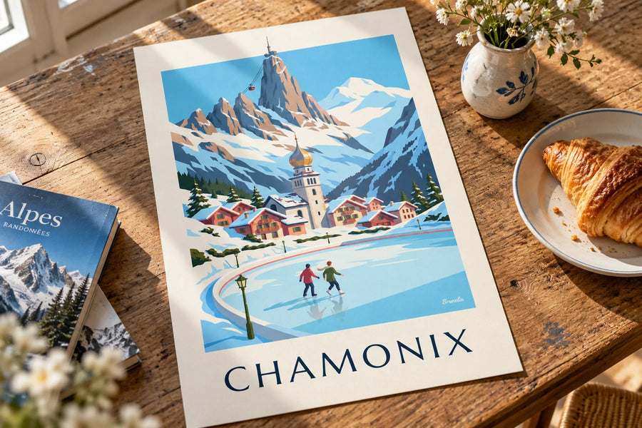 Poster Schlittschuhläufer auf der Eisbahn von Chamonix mit der Aiguille du Midi: auf einem Tisch
