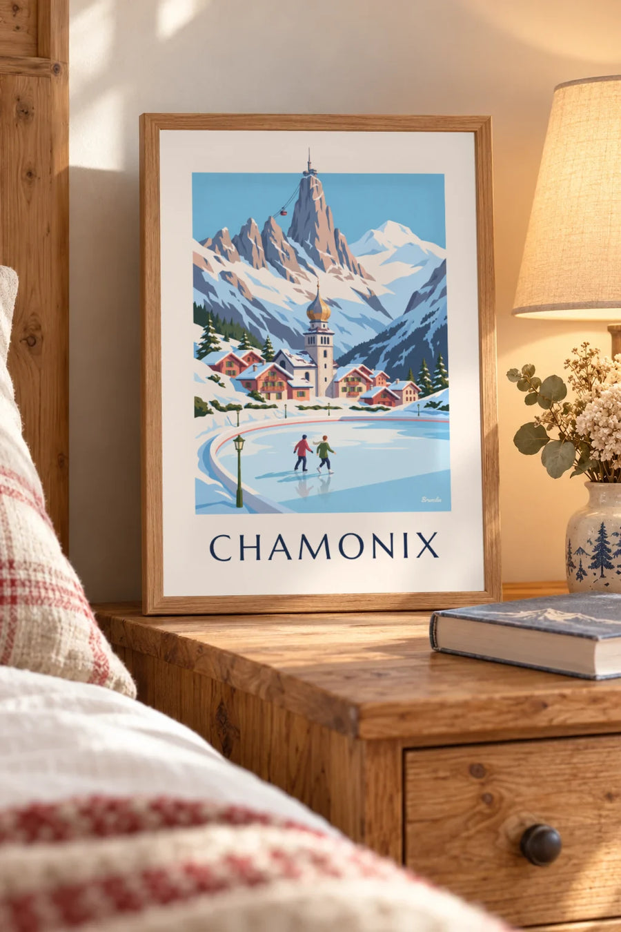 Poster Schlittschuhläufer auf der Eisbahn von Chamonix und die Aiguille du Midi: kleines gerahmtes A4-Format