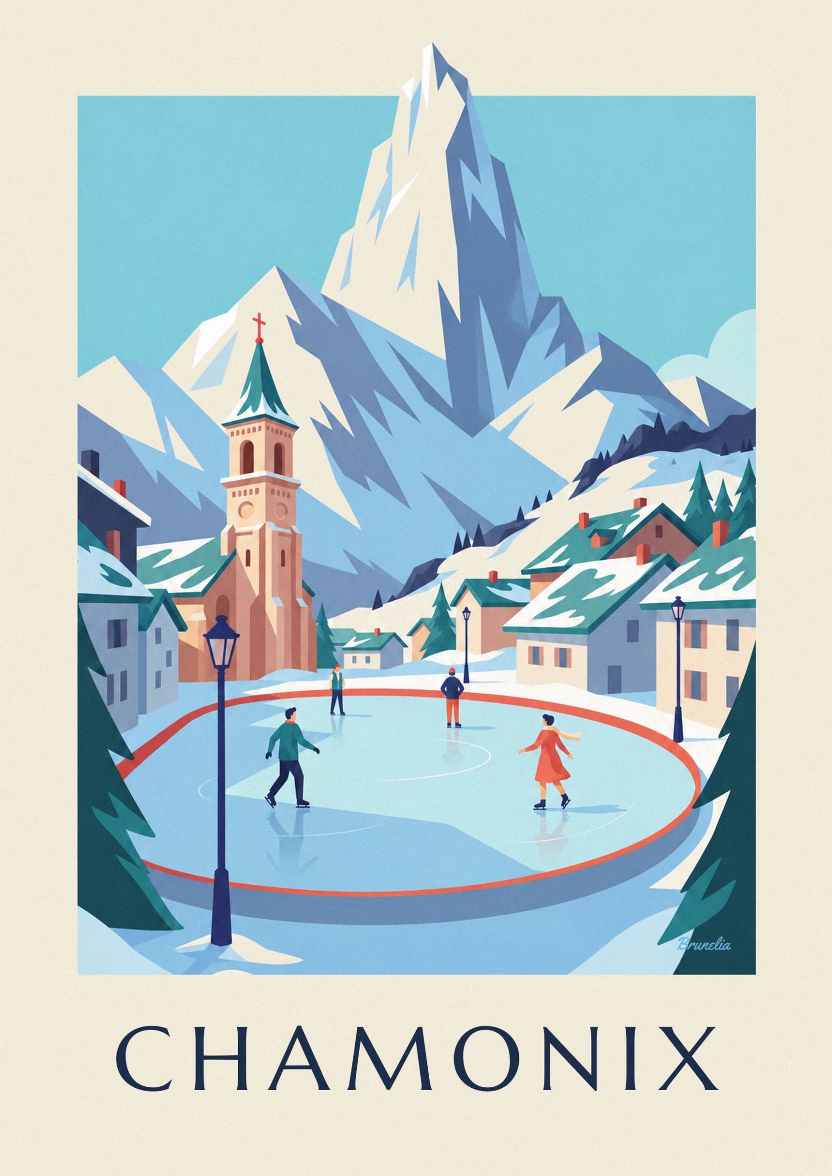 The skaters in green and orange on the blue ice, at the foot of snow-covered chalets
