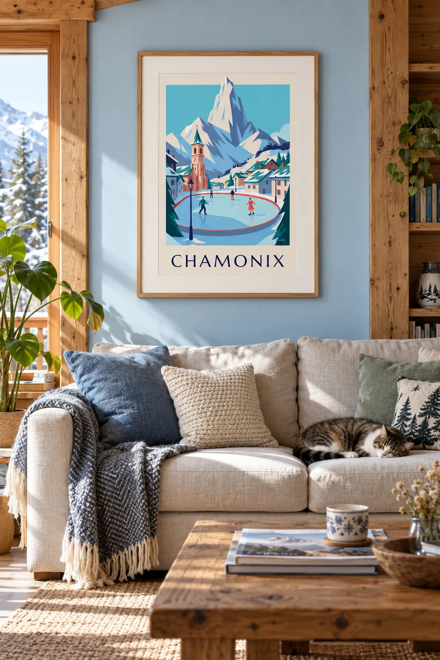 Poster of skaters on the Chamonix ice rink and the Aiguille du Midi: framed on the wall