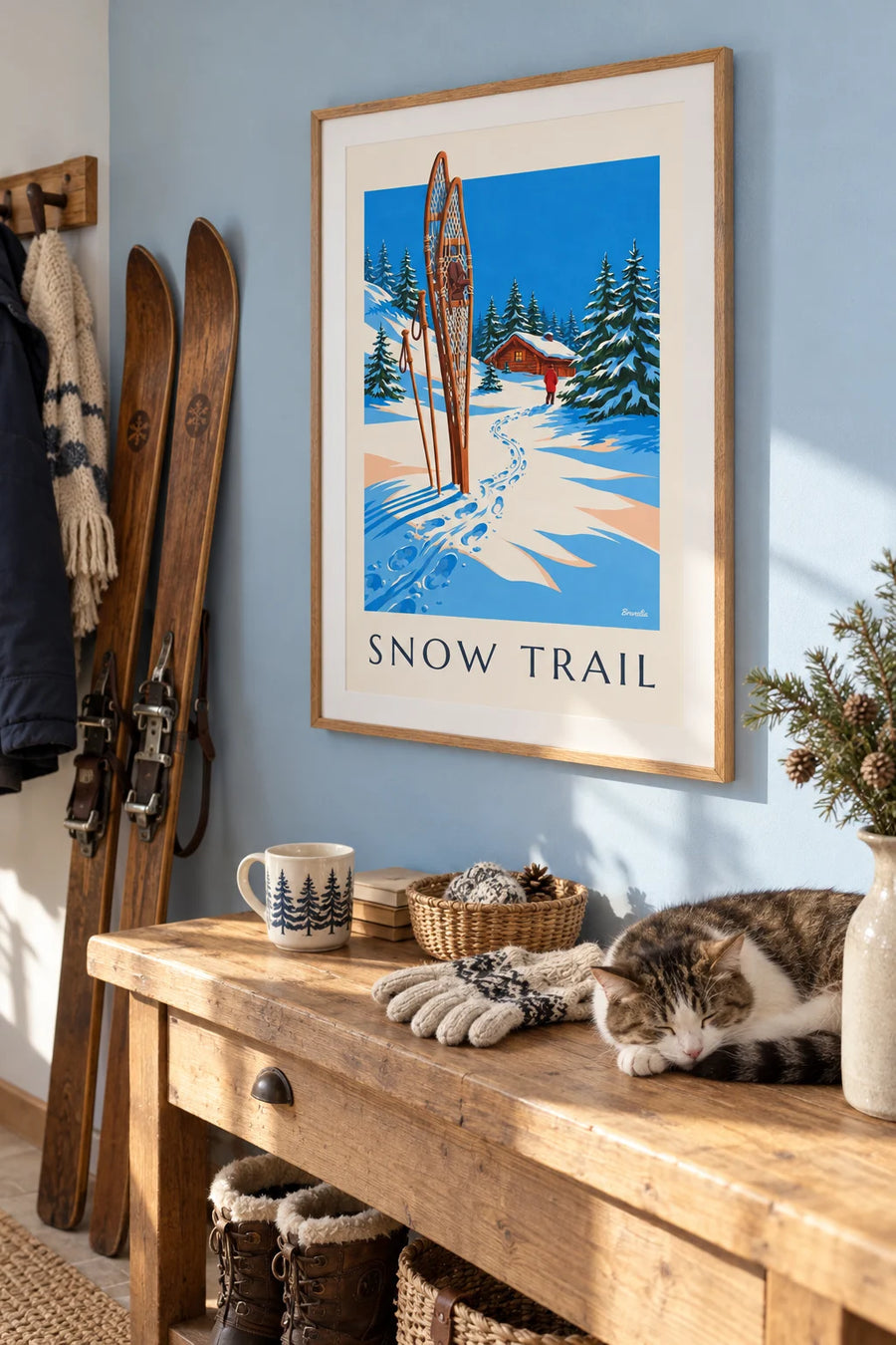 Poster of wooden snowshoes in front of a mountain chalet: framed on the wall
