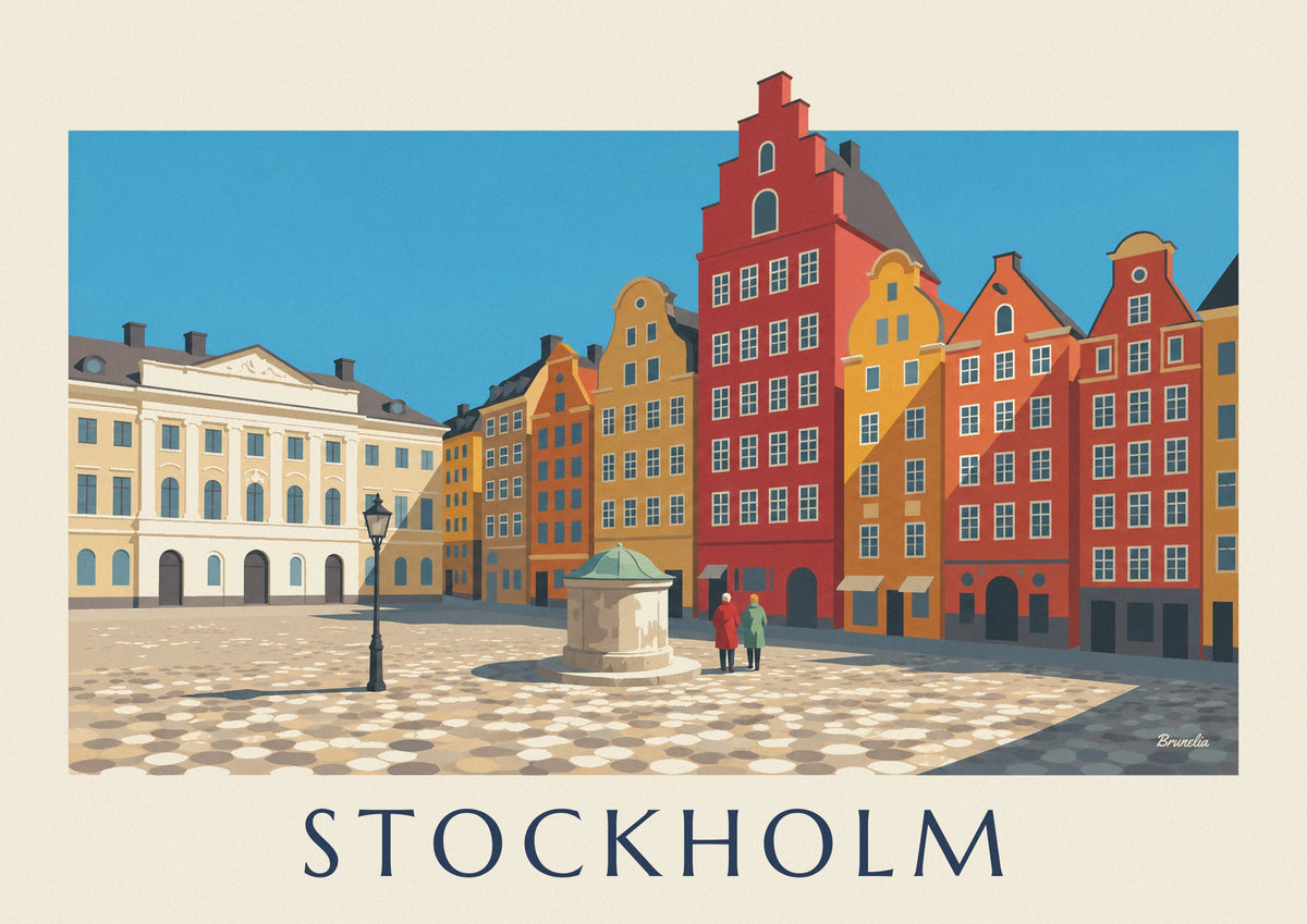 Poster bunte Fassaden am Stortorget in Gamla stan, Stockholm