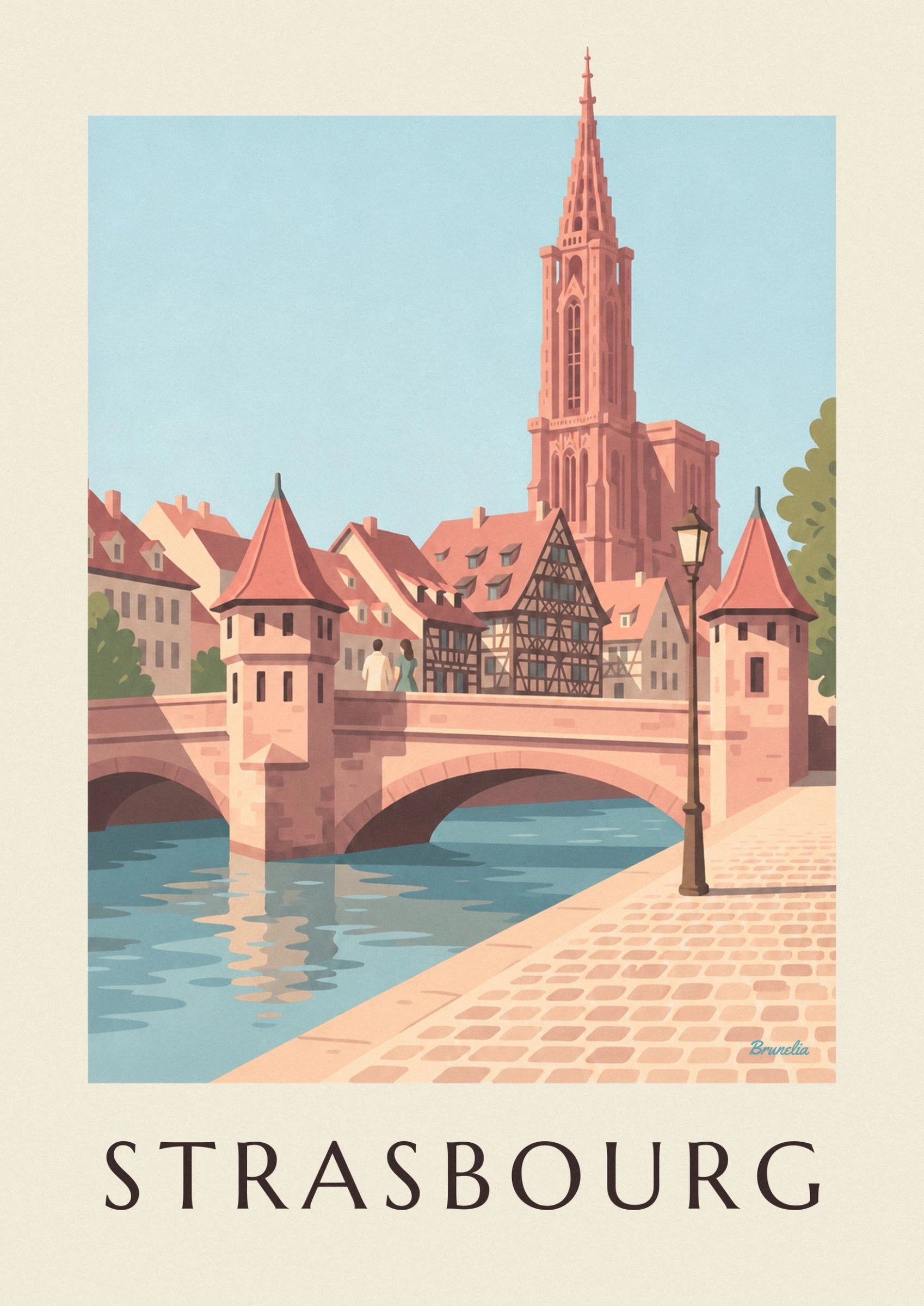 Die rosa Turmspitze des Straßburger Münsters über den Dächern und einer Straßenlaterne