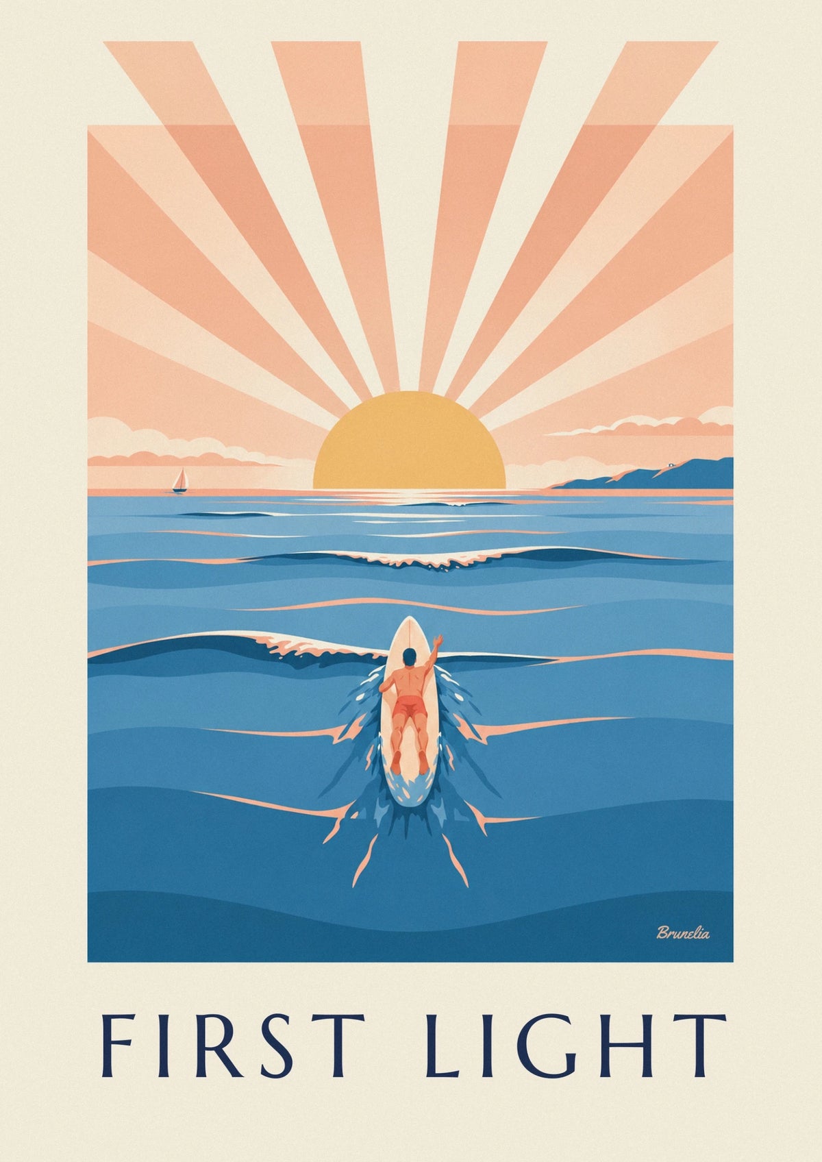 Surfer paddling out at sunrise poster