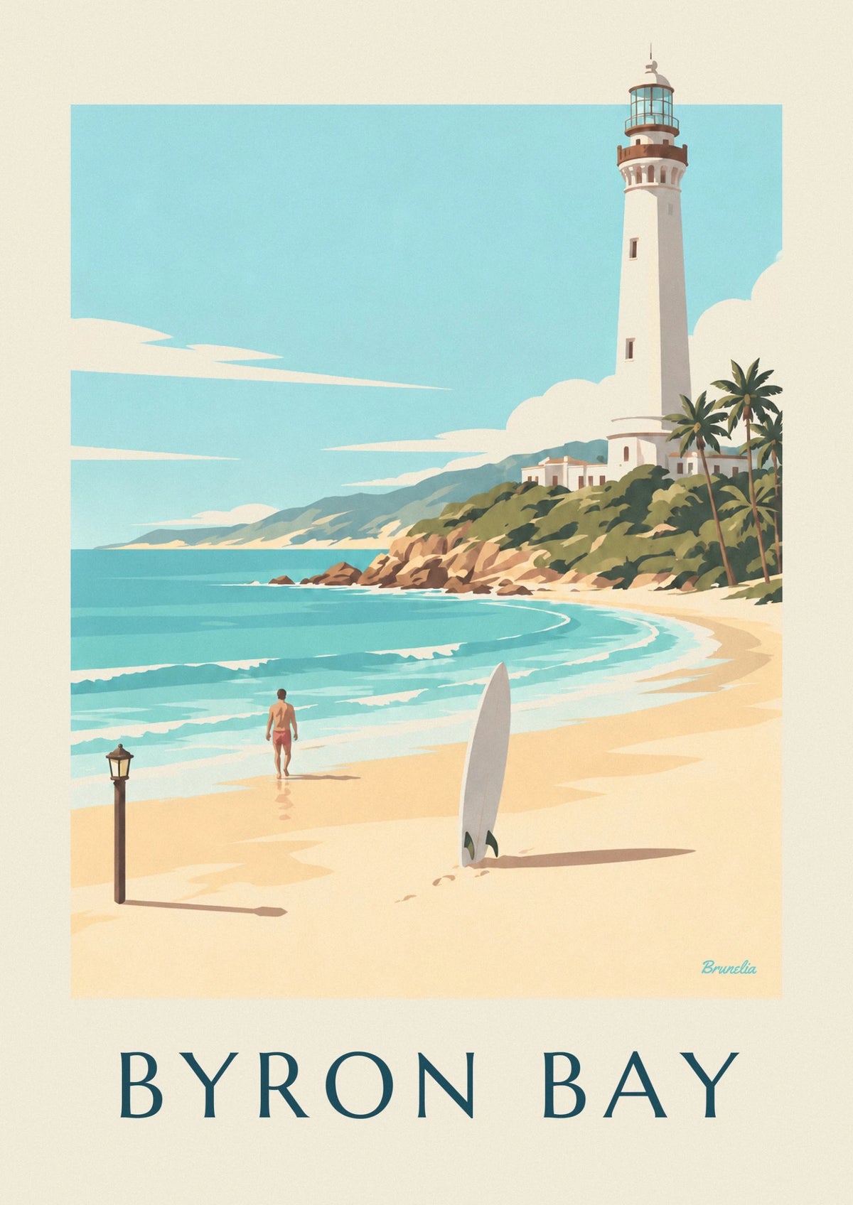 Affiche planche de surf et phare de Byron Bay en Australie