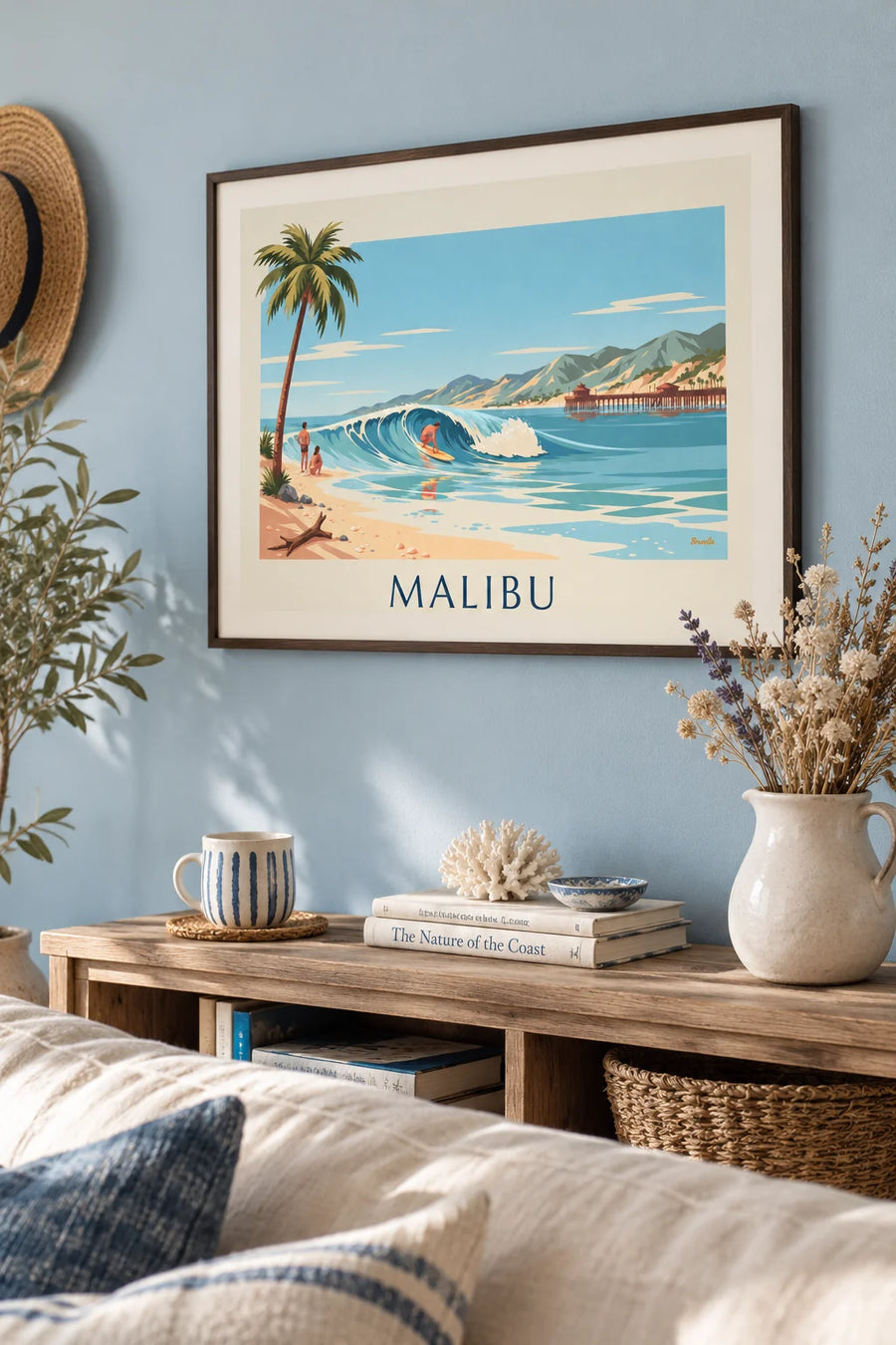 Poster mit Surfer auf der Welle am Malibu Point: gerahmt an der Wand