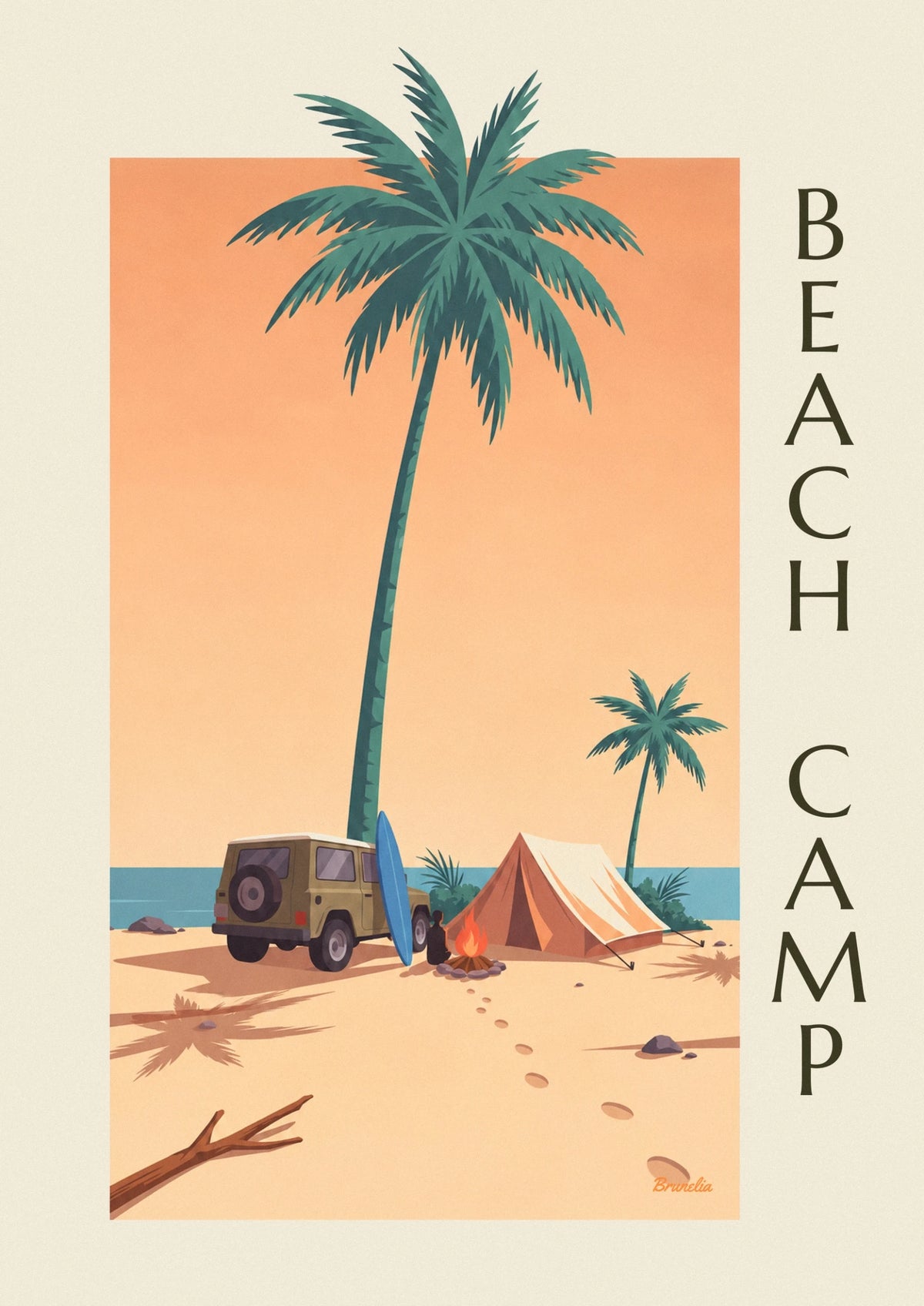 Affiche camping de plage avec 4x4, tente et planche de surf
