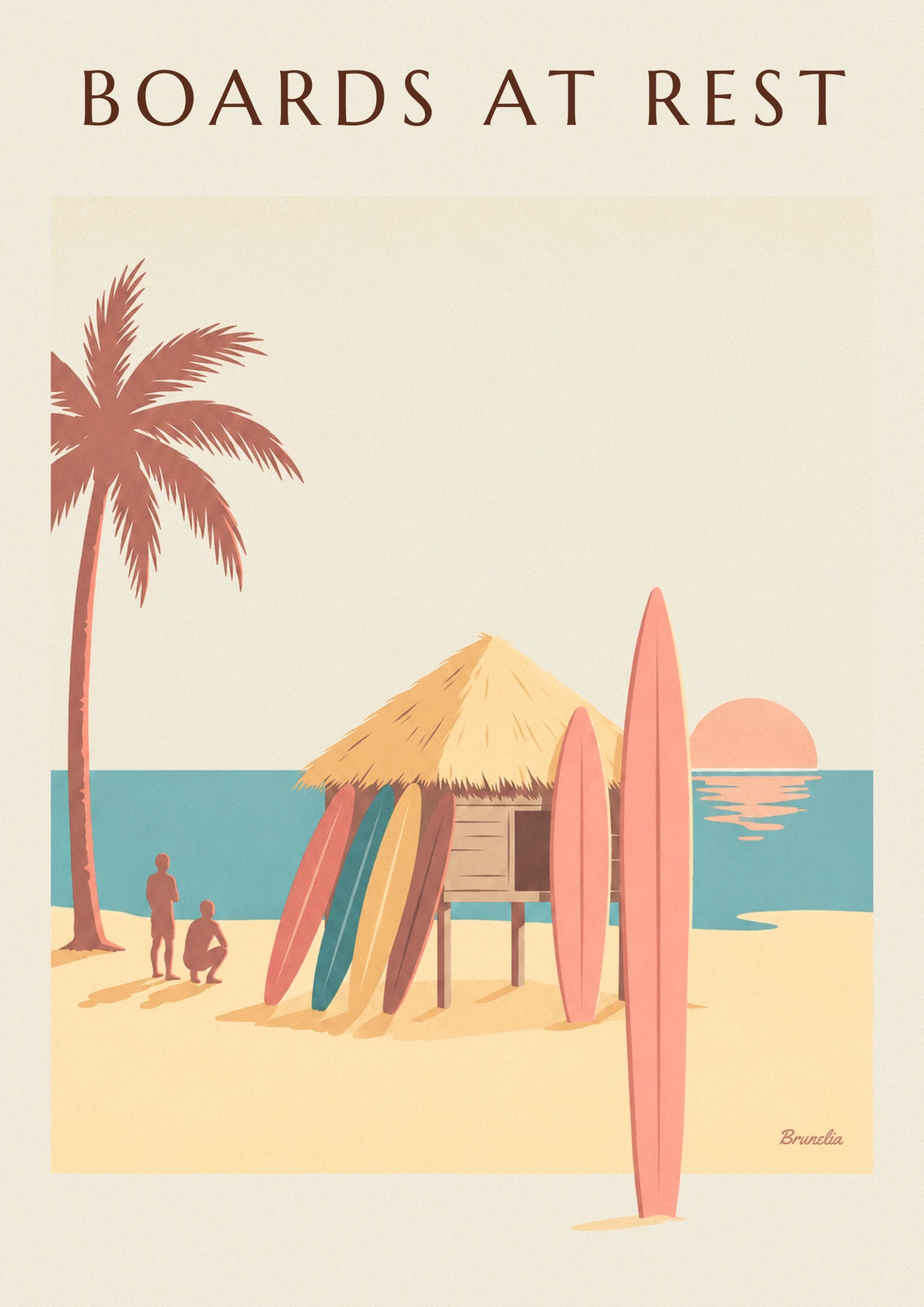 Die strohgedeckte Strandhütte auf Stelzen, umgeben von rosa, gelben und blauen Surfboards