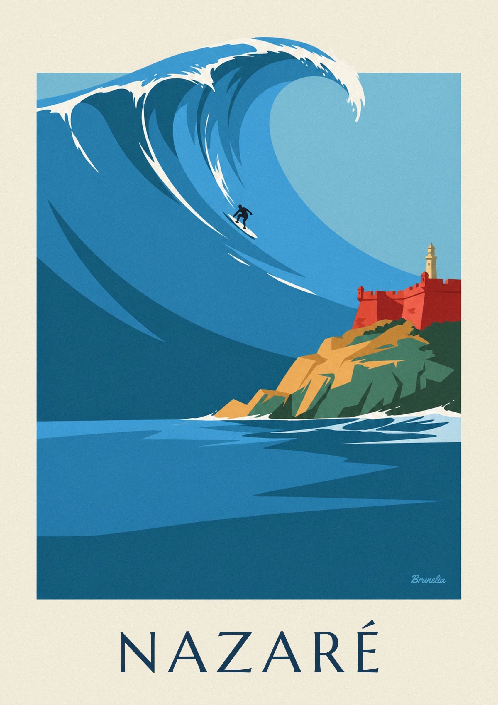 Das rote Fort von Nazaré mit seinem gelben Leuchtturm über ockerfarbenen und grünen Felsen