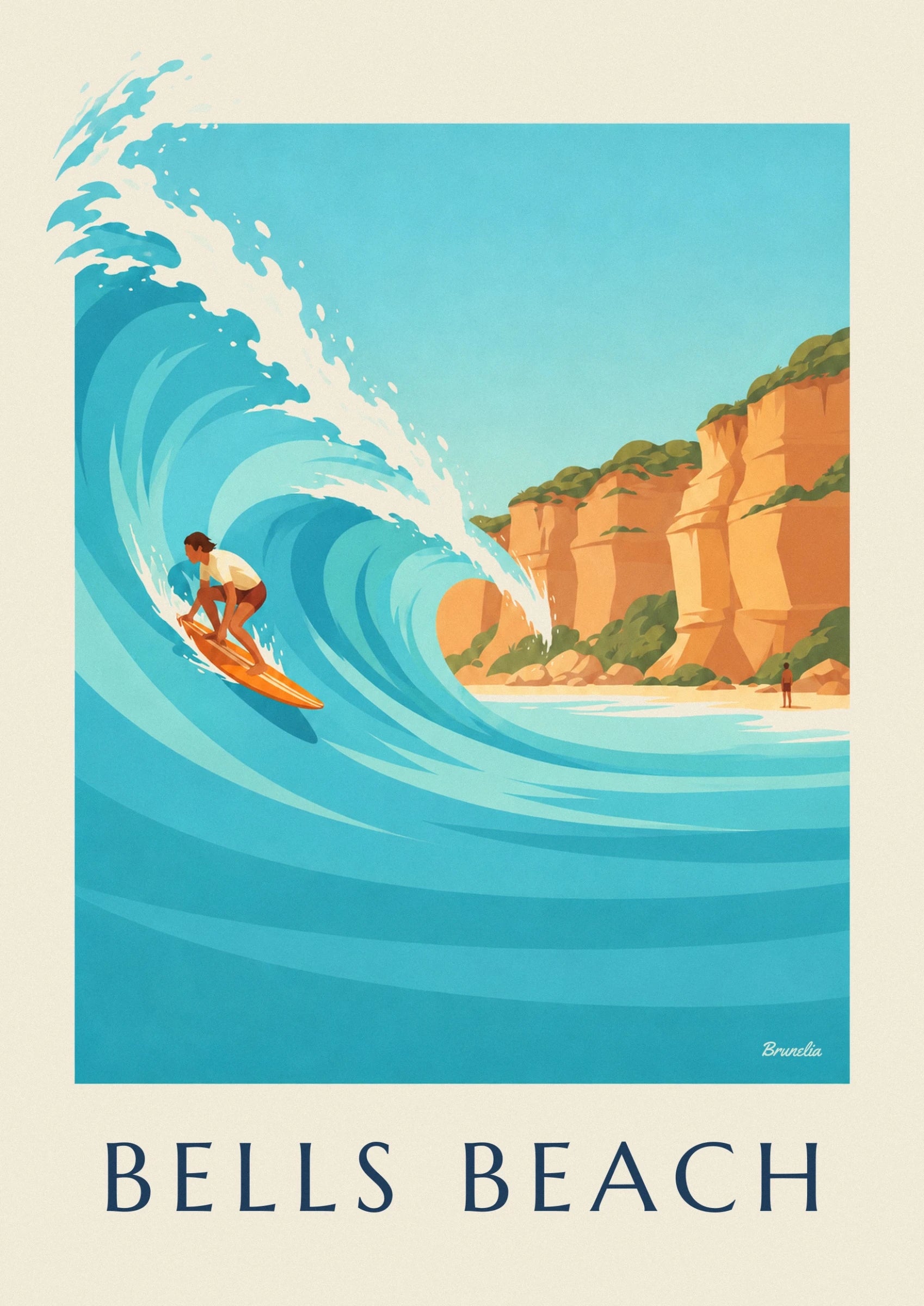 Der Surfer in brauner Shorts auf einem orangefarbenen Board im Tunnel der türkisfarbenen Welle