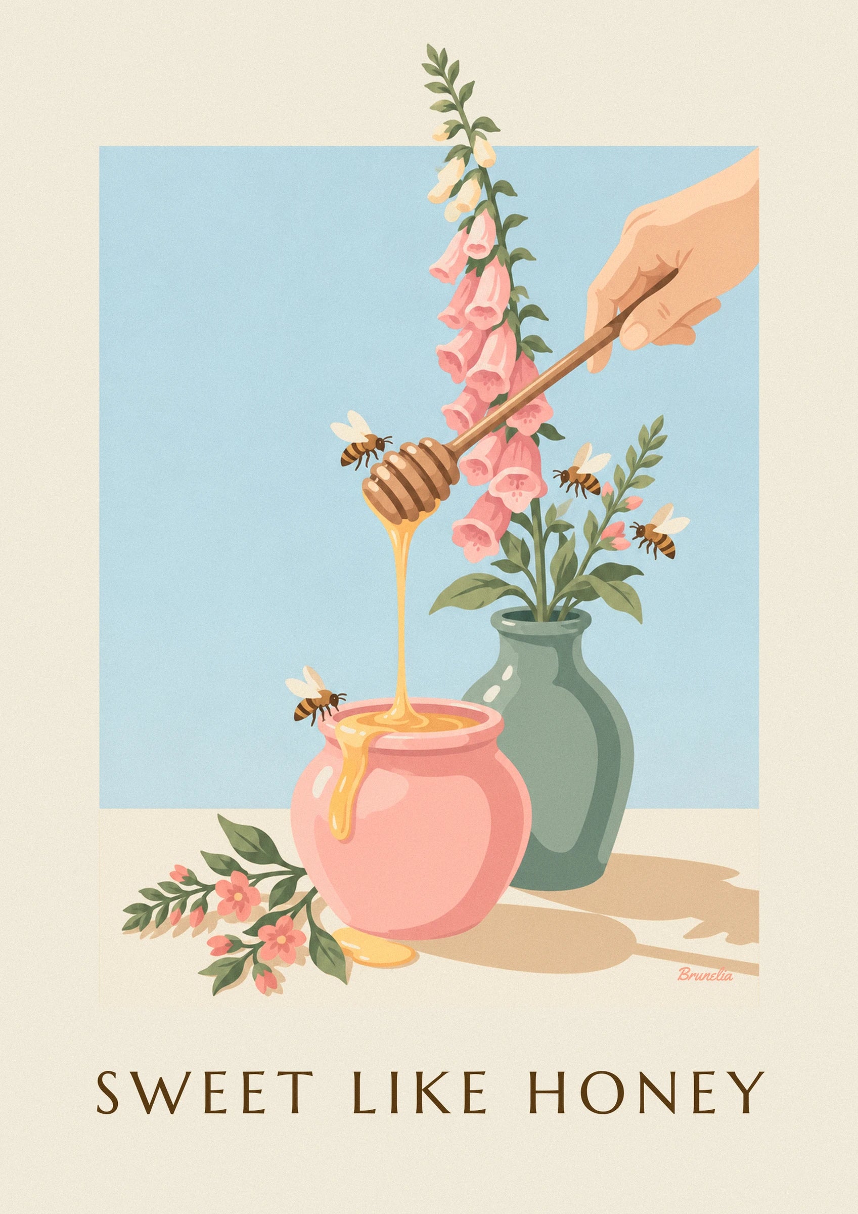 Golden honey jar, wooden dipper and bees poster: close-up detail