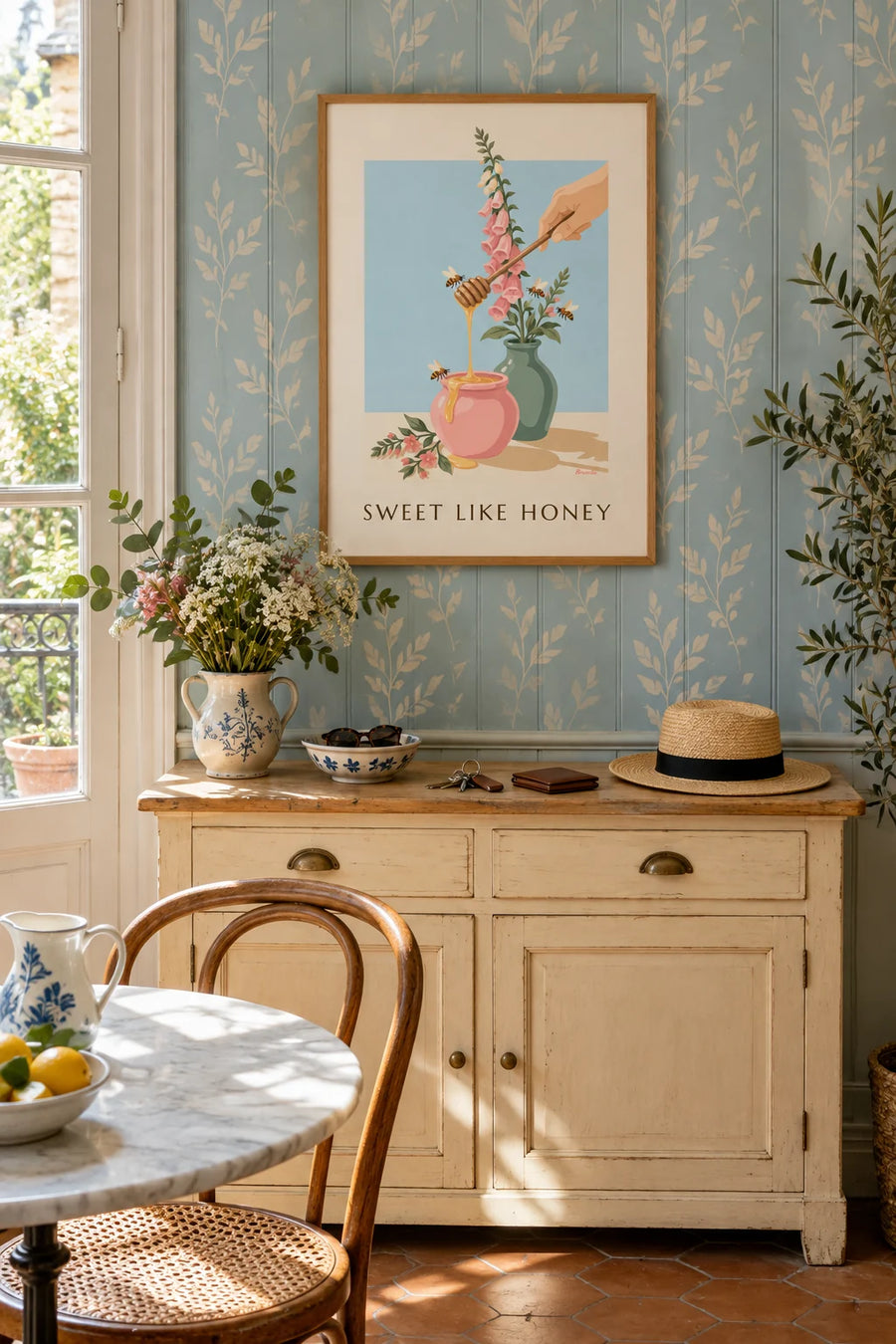 Poster Honigtopf, Holzlöffel und Bienen: gerahmt an der Wand